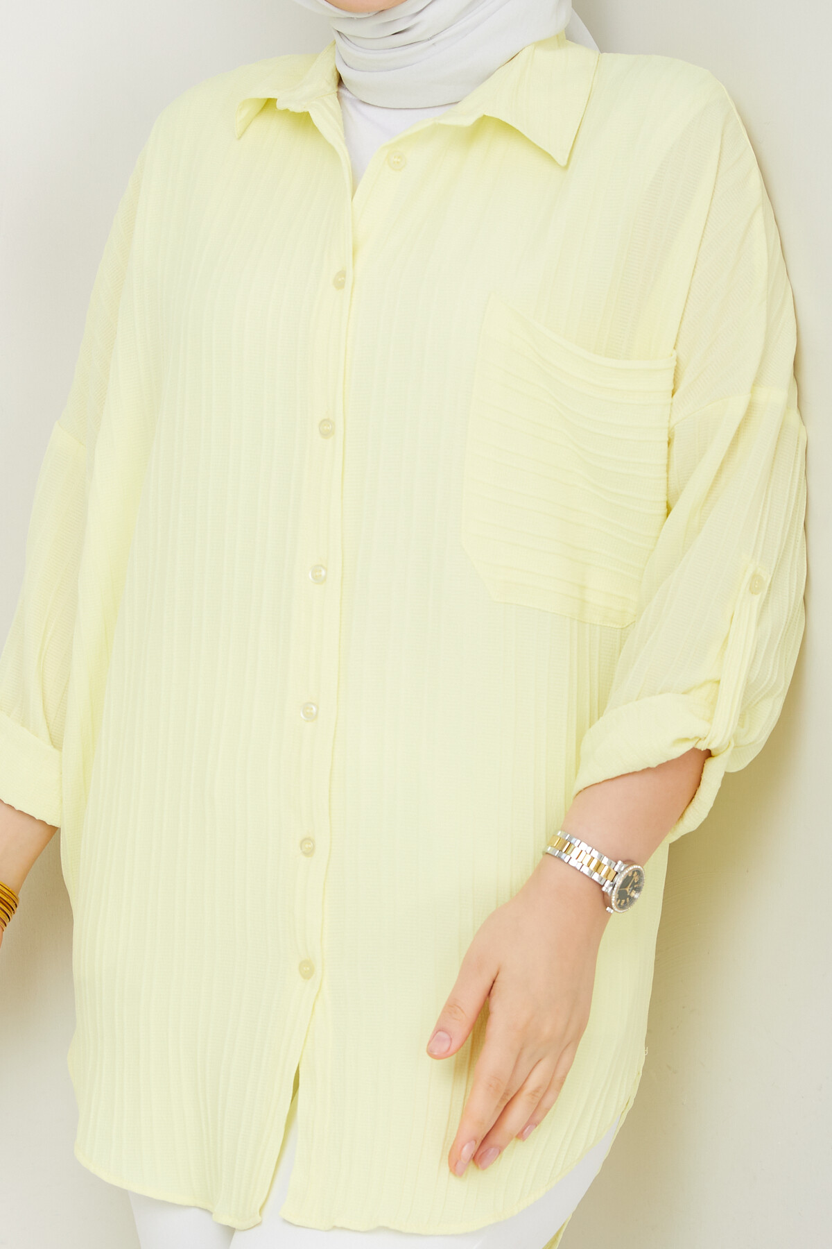 ŞERİT DETAY KOL KATLAMALI GÖMLEK-SARI