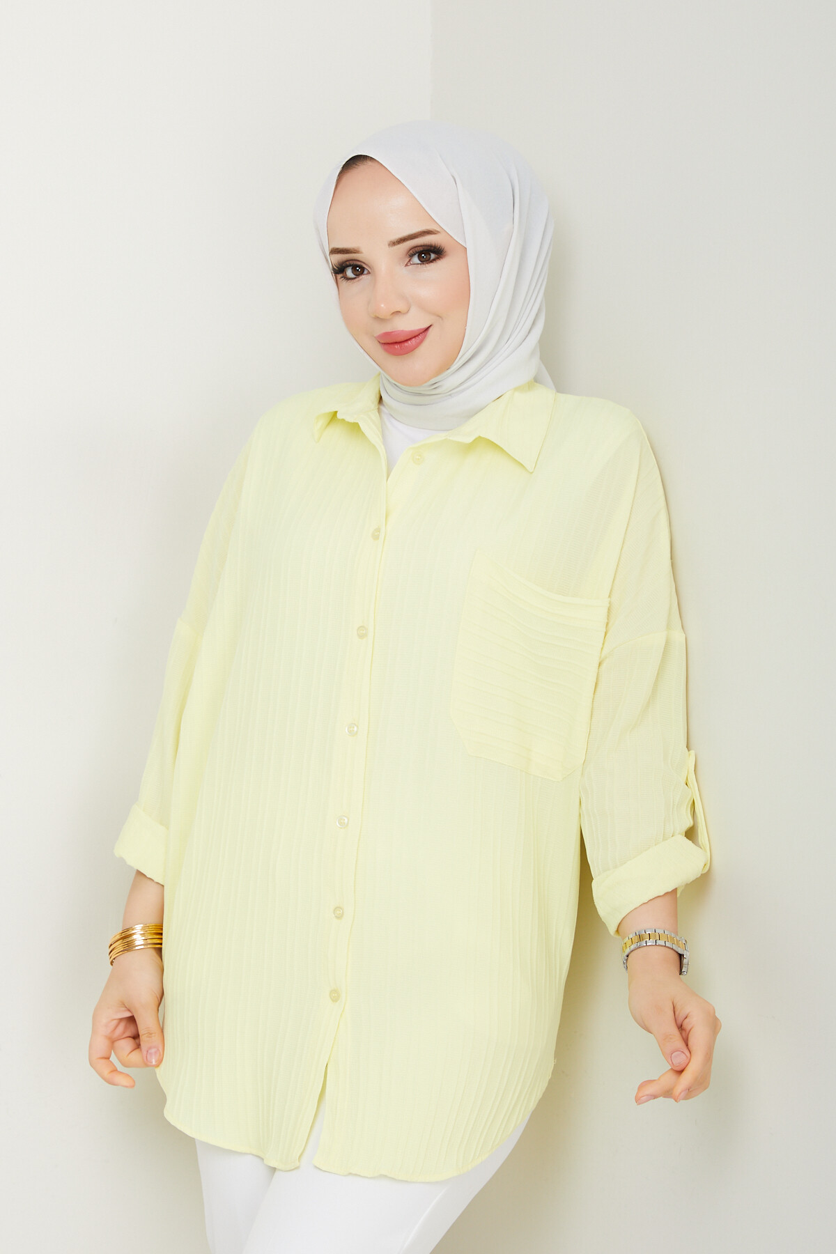 ŞERİT DETAY KOL KATLAMALI GÖMLEK-SARI