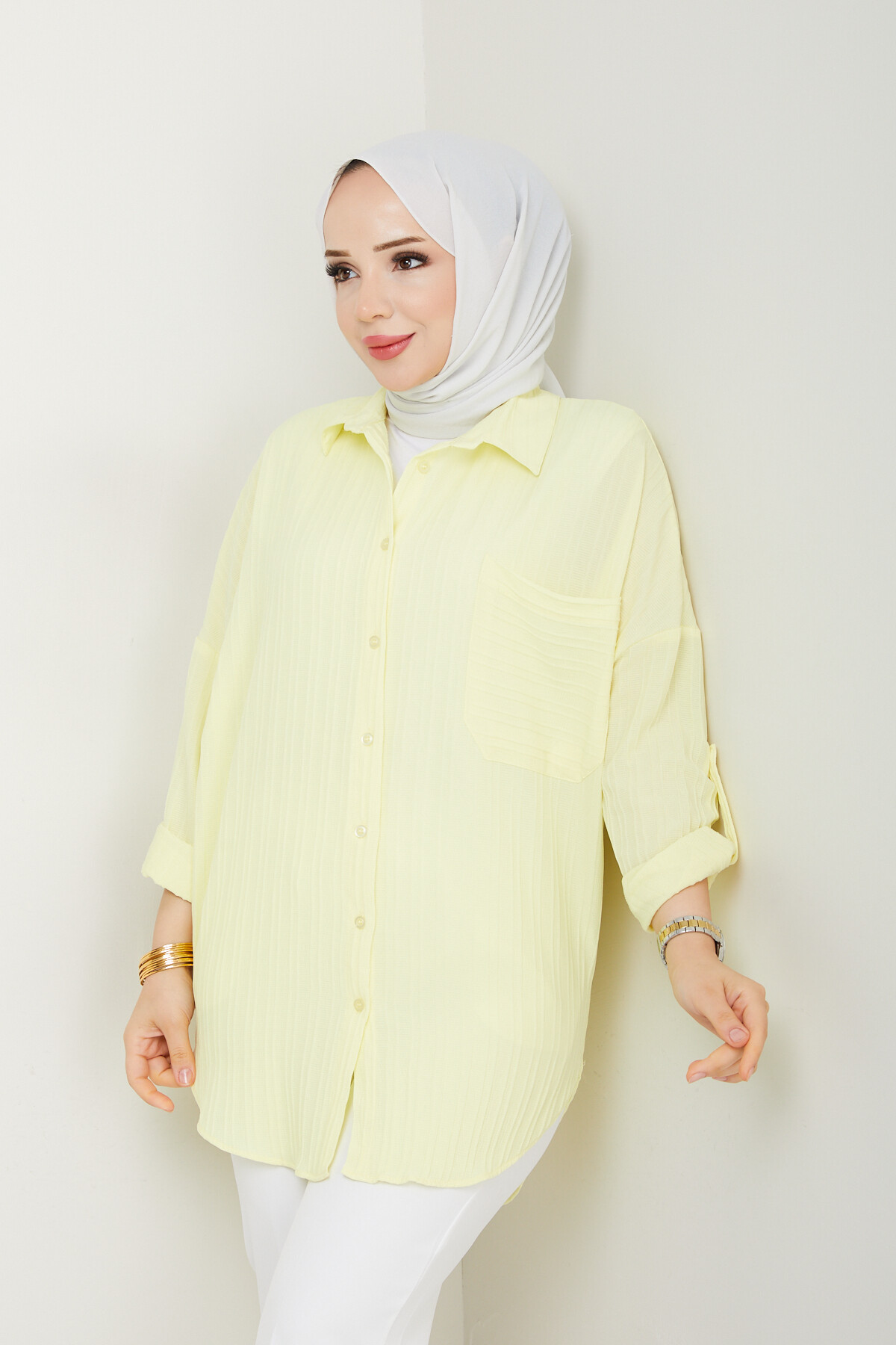 ŞERİT DETAY KOL KATLAMALI GÖMLEK-SARI