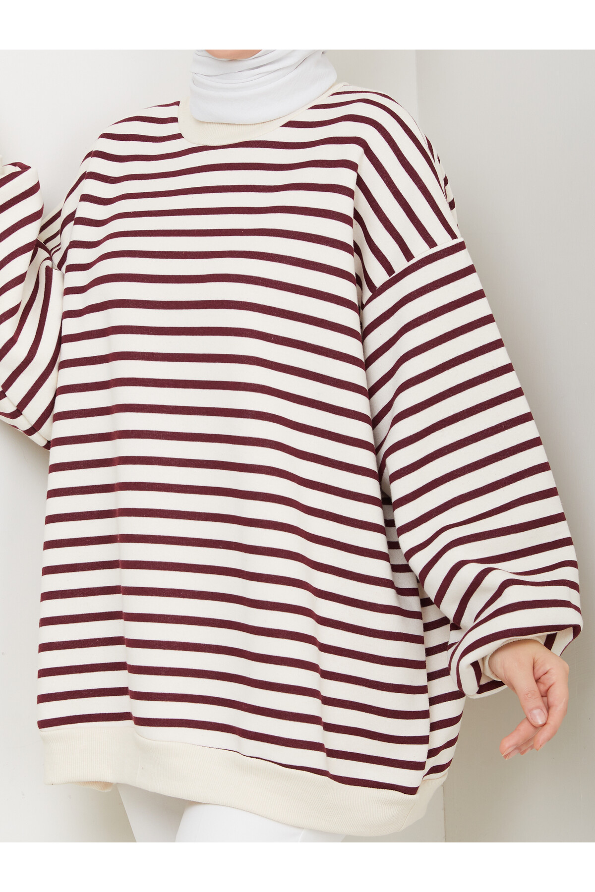 ŞIK ÇİZGİLİ 3 İP DÜZ SWEAT -BORDO