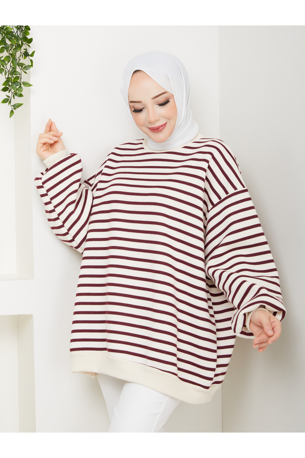 ŞIK ÇİZGİLİ 3 İP DÜZ SWEAT -BORDO