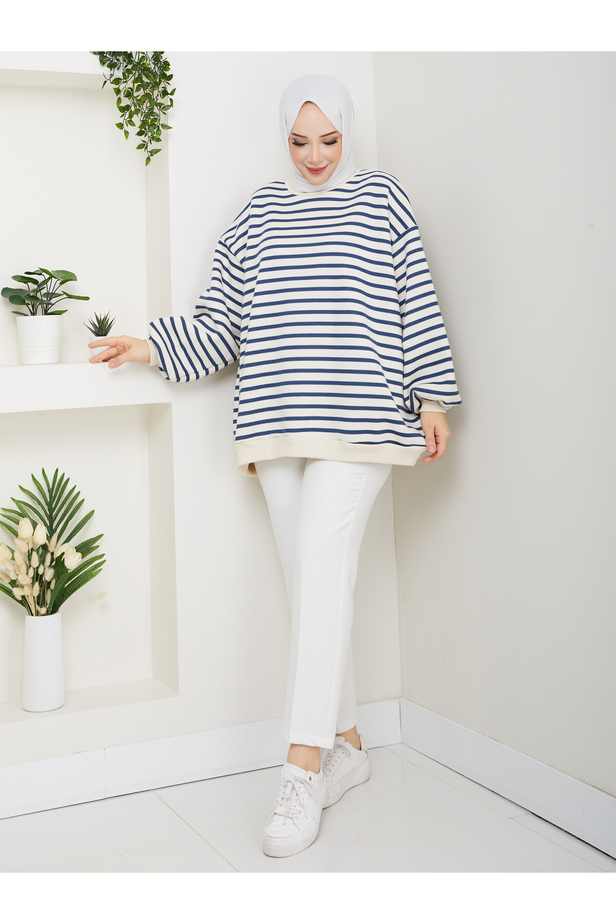 ŞIK ÇİZGİLİ 3 İP DÜZ SWEAT -MAVİ