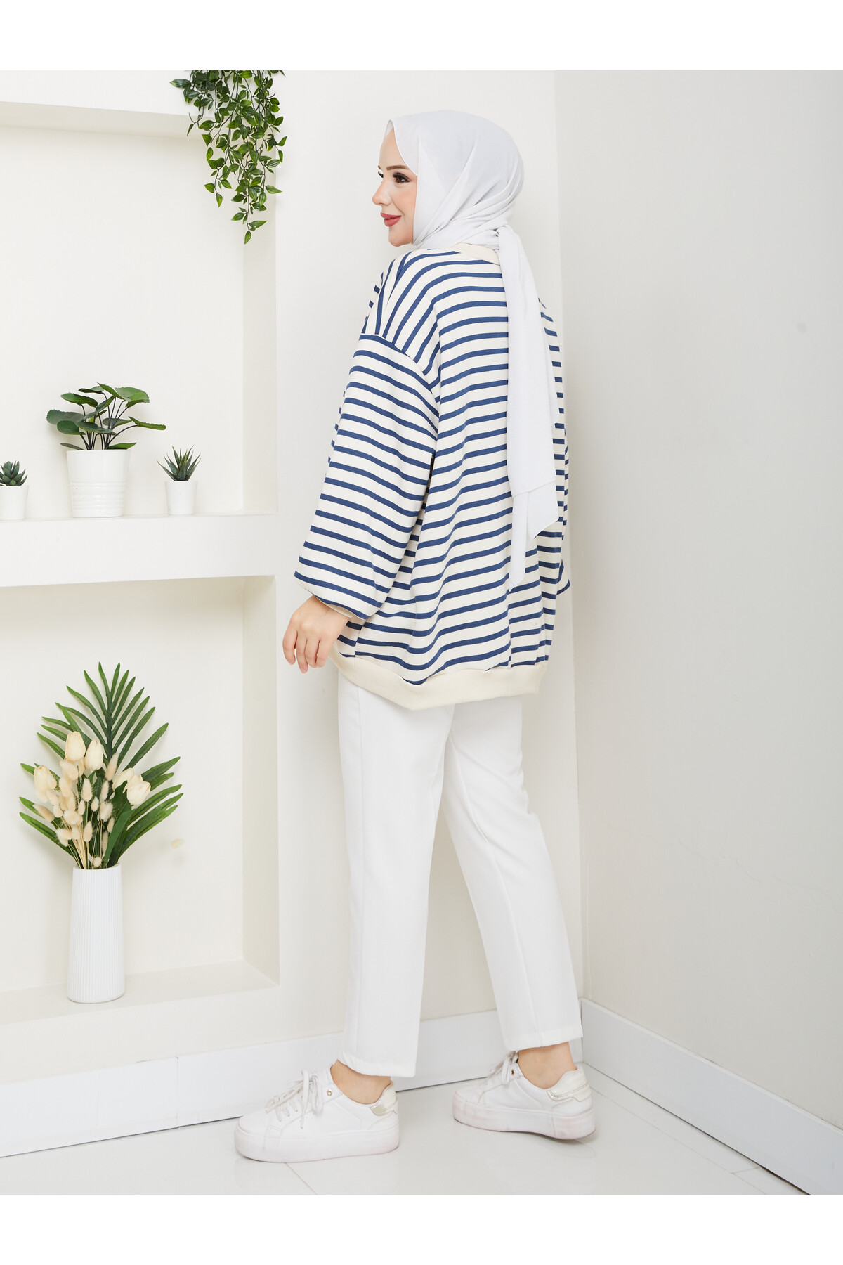 ŞIK ÇİZGİLİ 3 İP DÜZ SWEAT -MAVİ