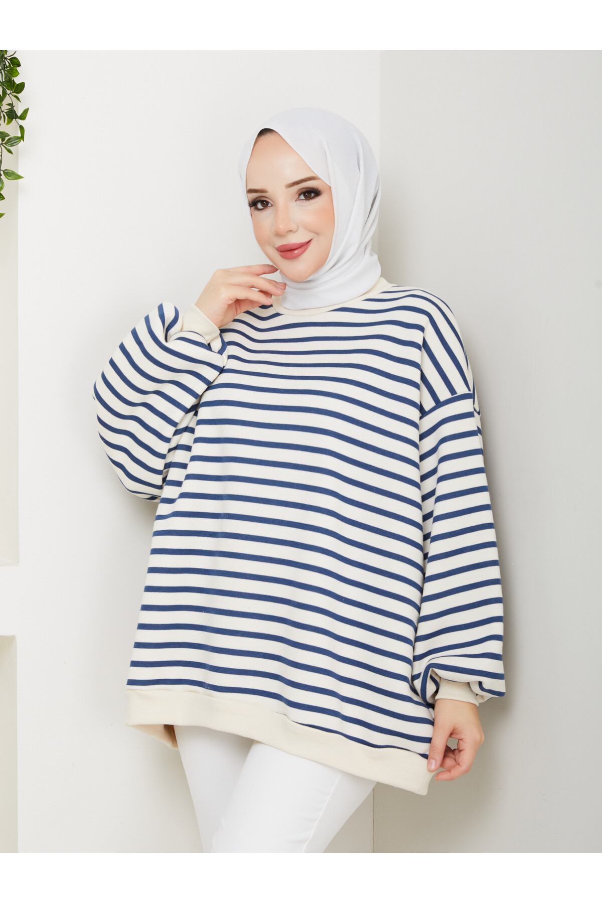 ŞIK ÇİZGİLİ 3 İP DÜZ SWEAT -MAVİ