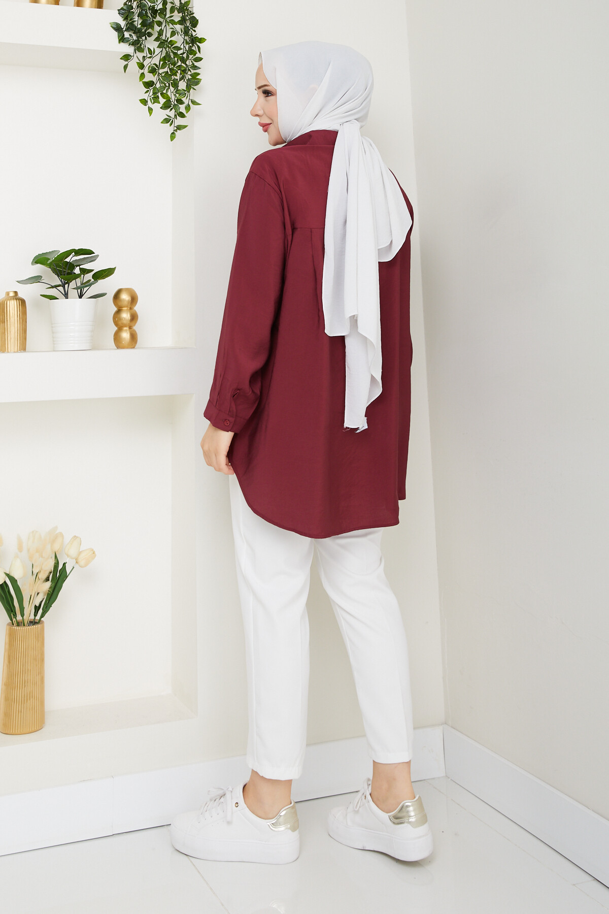 TEK CEP TENSEL GÖMLEK-BORDO