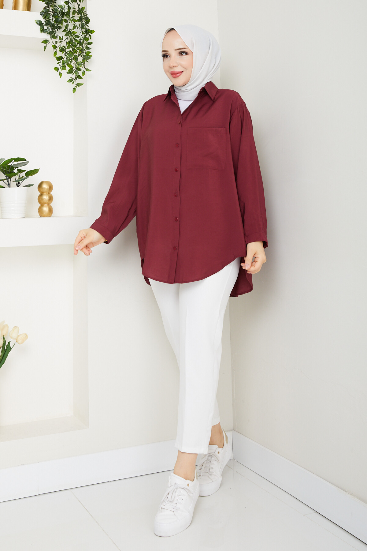 TEK CEP TENSEL GÖMLEK-BORDO