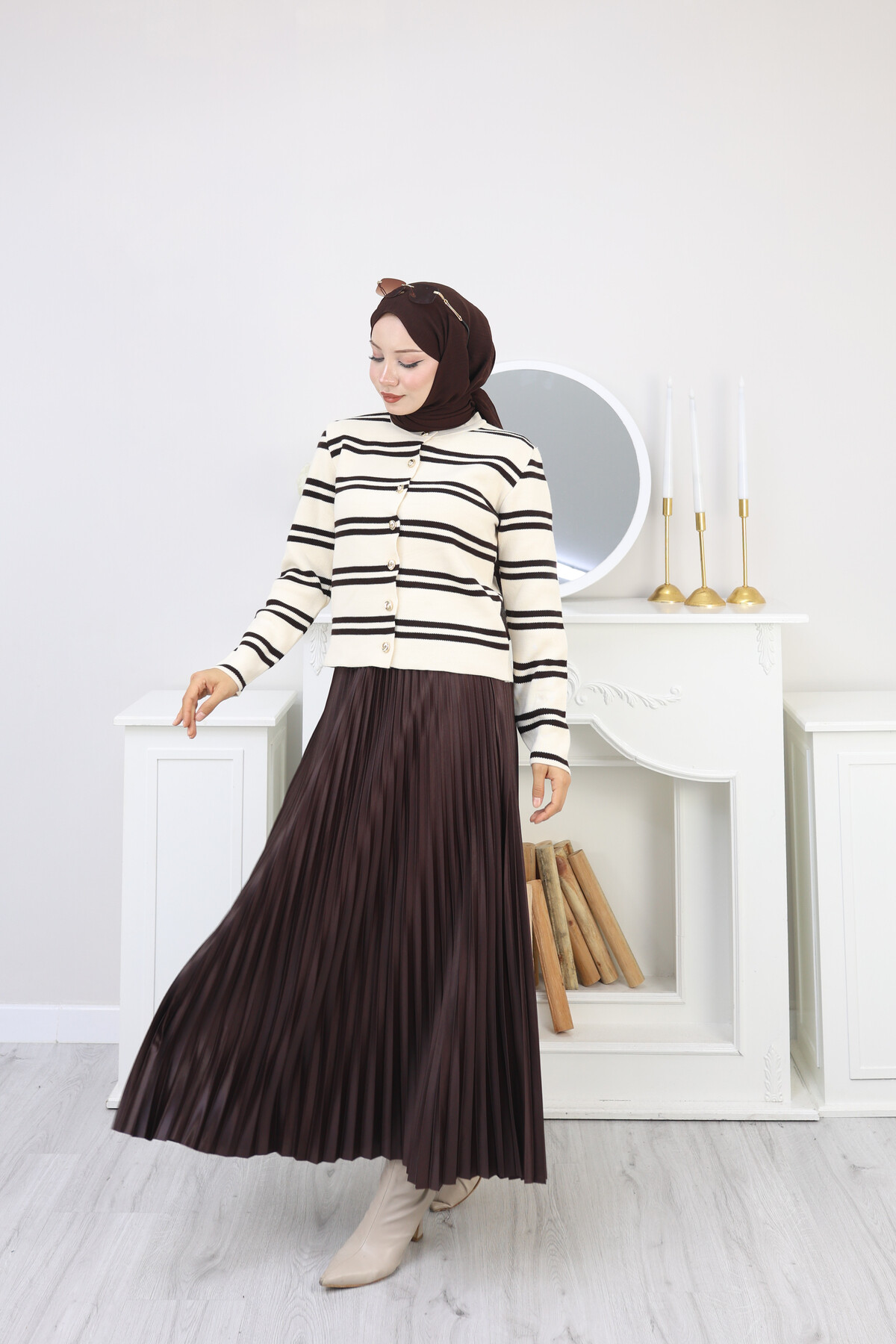 VN ÇİZGİLİ HIRKA ETEK KOMBİN -KAHVERENGİ