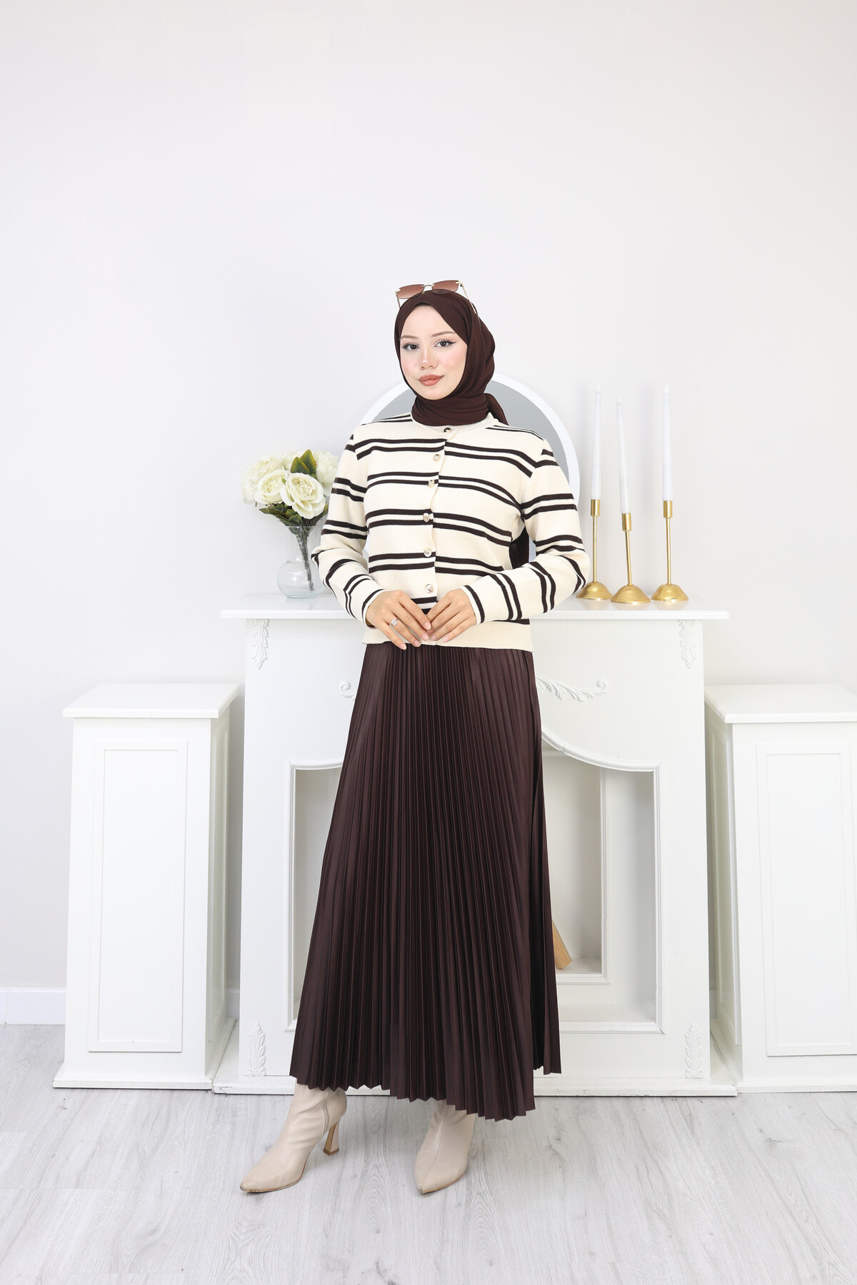 VN ÇİZGİLİ HIRKA ETEK KOMBİN -KAHVERENGİ