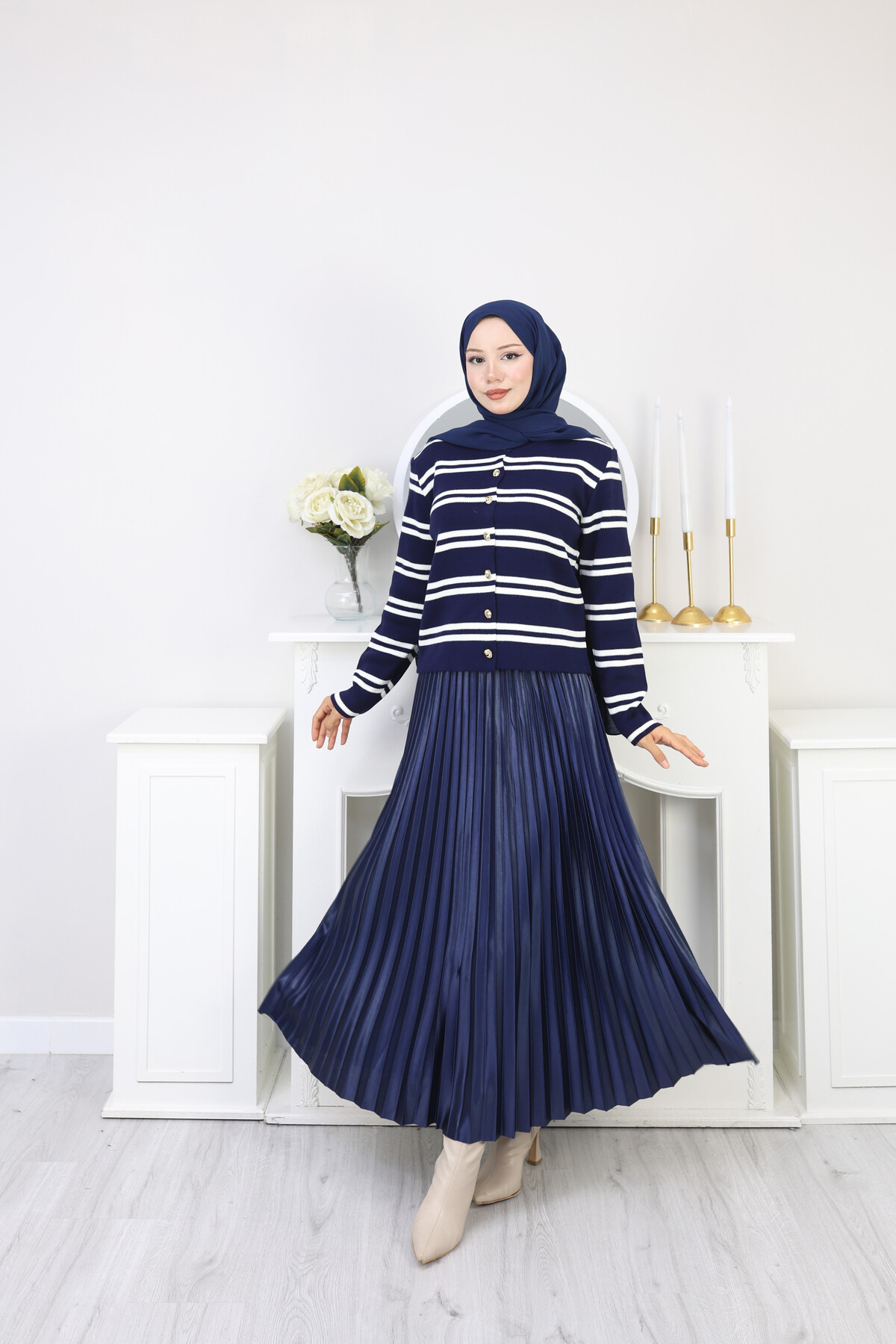 VN ÇİZGİLİ HIRKA ETEK KOMBİN -LACİVERT