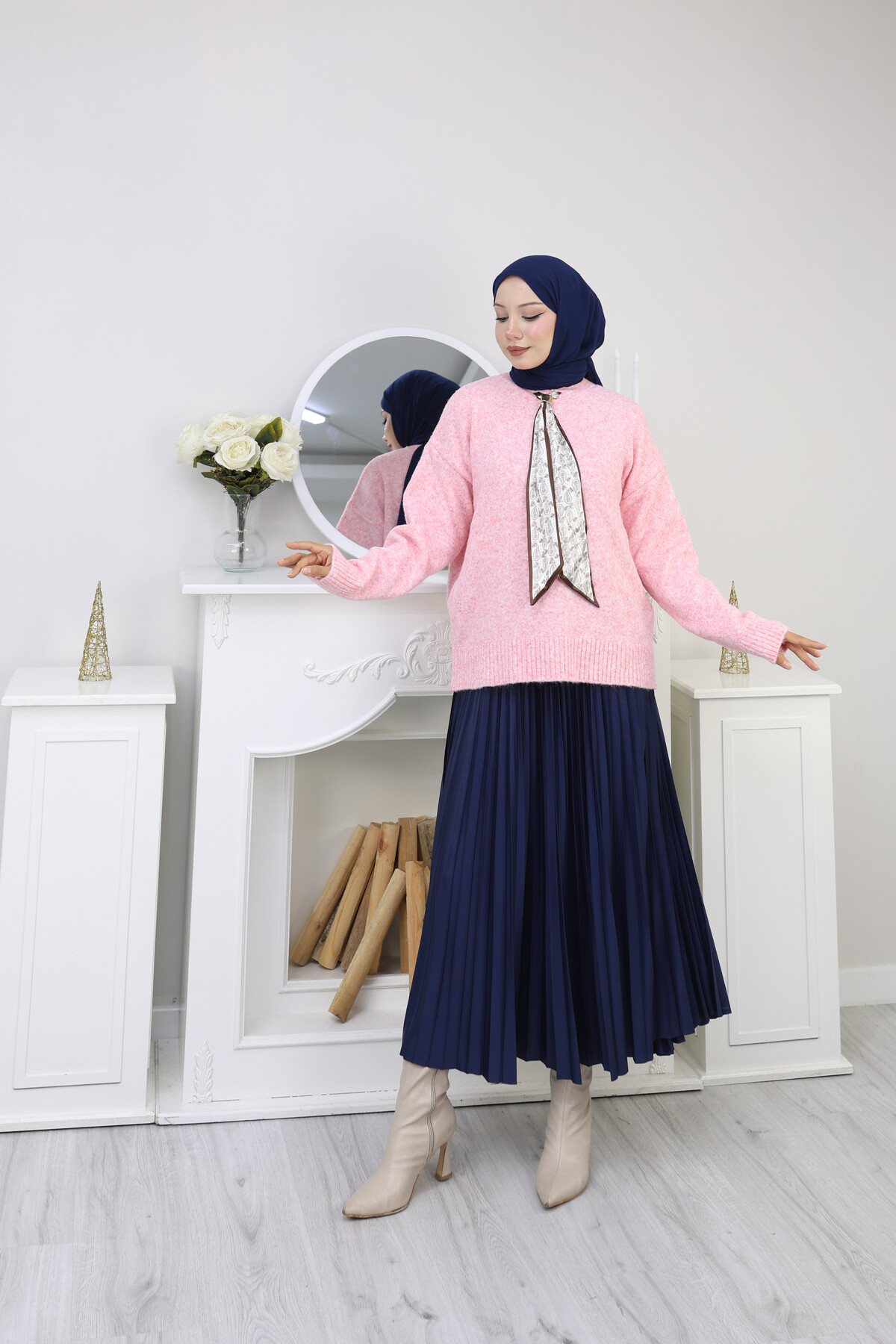 VNZ FULARLI KAZAK ETEK KOMBİN -PEMBE