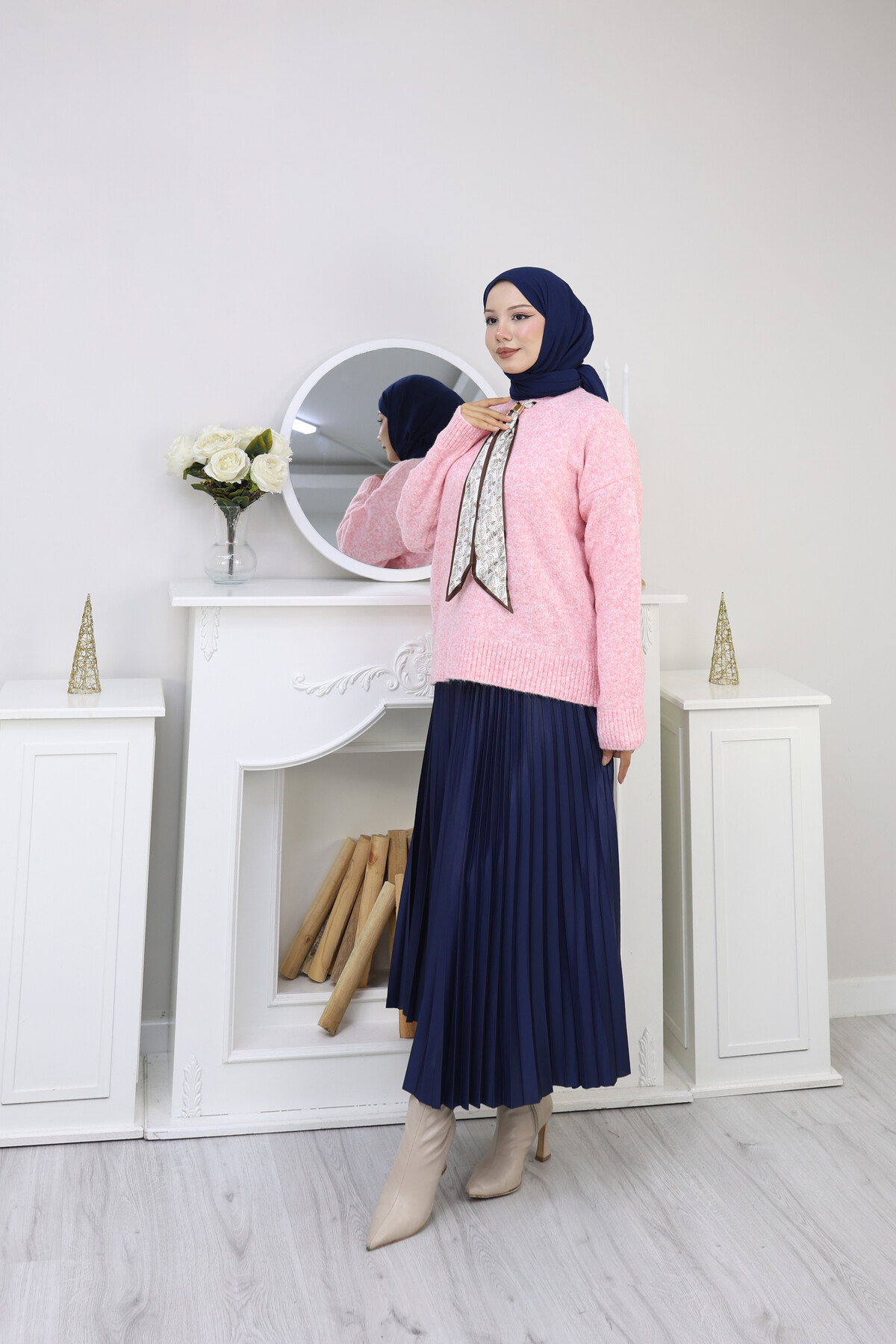 VNZ FULARLI KAZAK ETEK KOMBİN -PEMBE