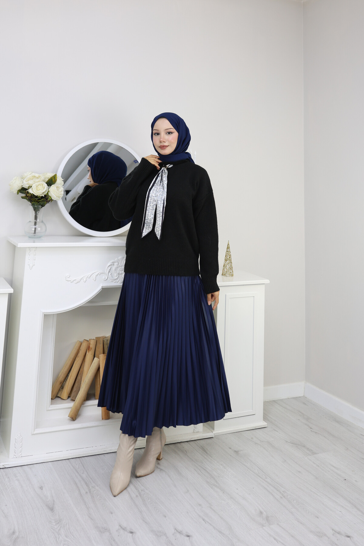 VNZ FULARLI KAZAK ETEK KOMBİN -SİYAH