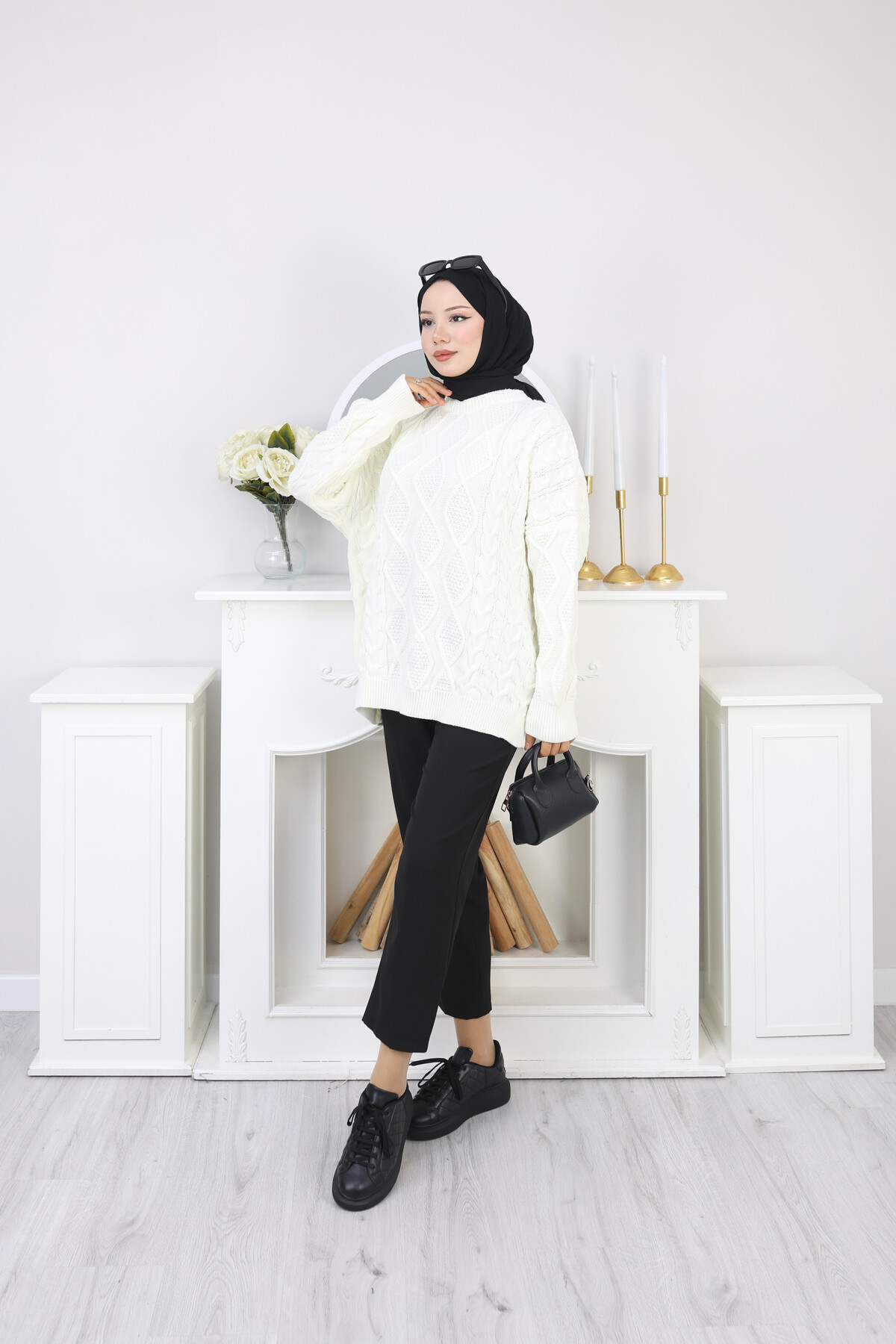 VNZ ÖRGÜLÜ TRİKO KAZAK-BEYAZ