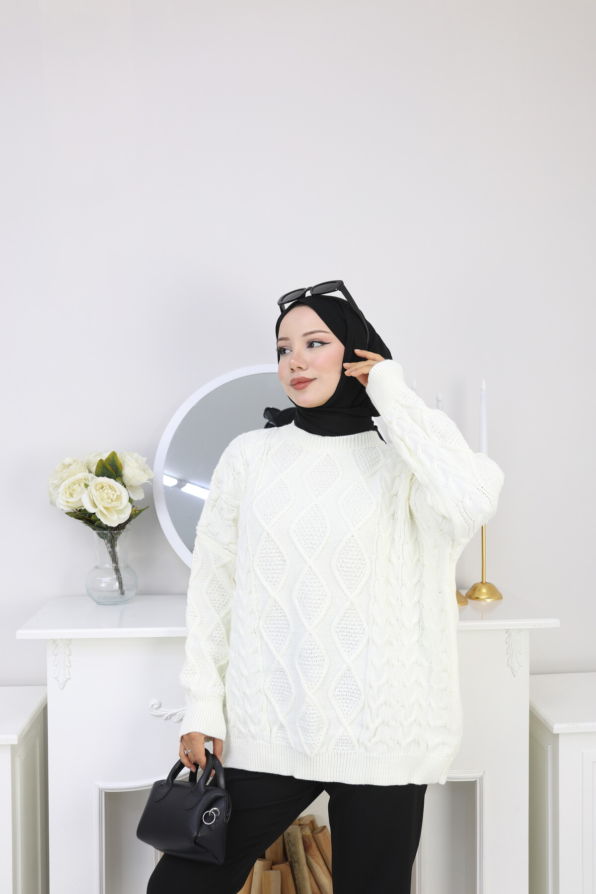 VNZ ÖRGÜLÜ TRİKO KAZAK-BEYAZ