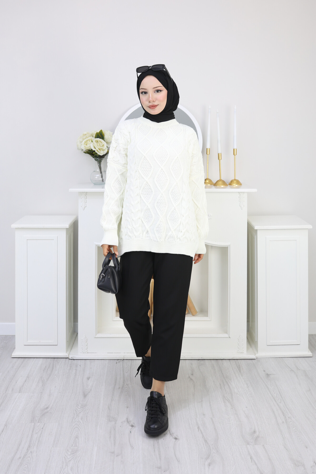 VNZ ÖRGÜLÜ TRİKO KAZAK-BEYAZ