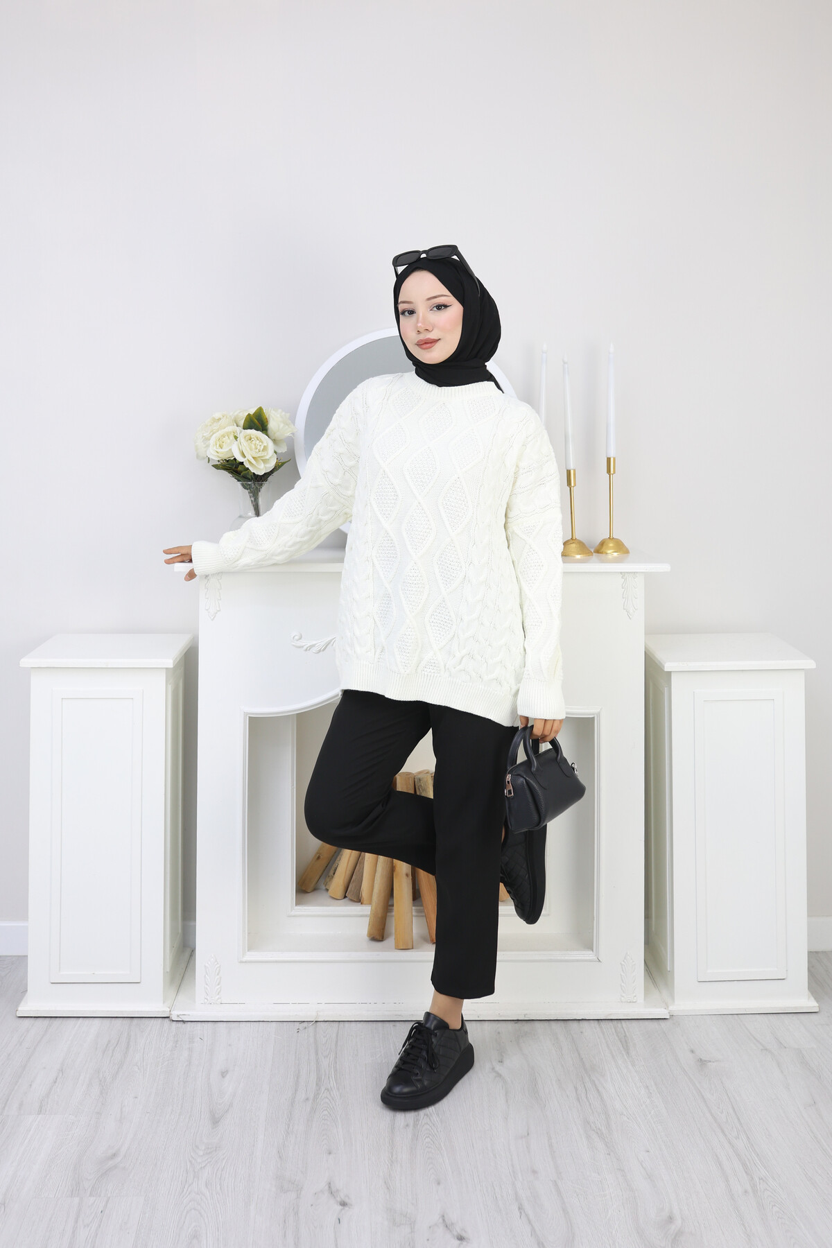 VNZ ÖRGÜLÜ TRİKO KAZAK-BEYAZ