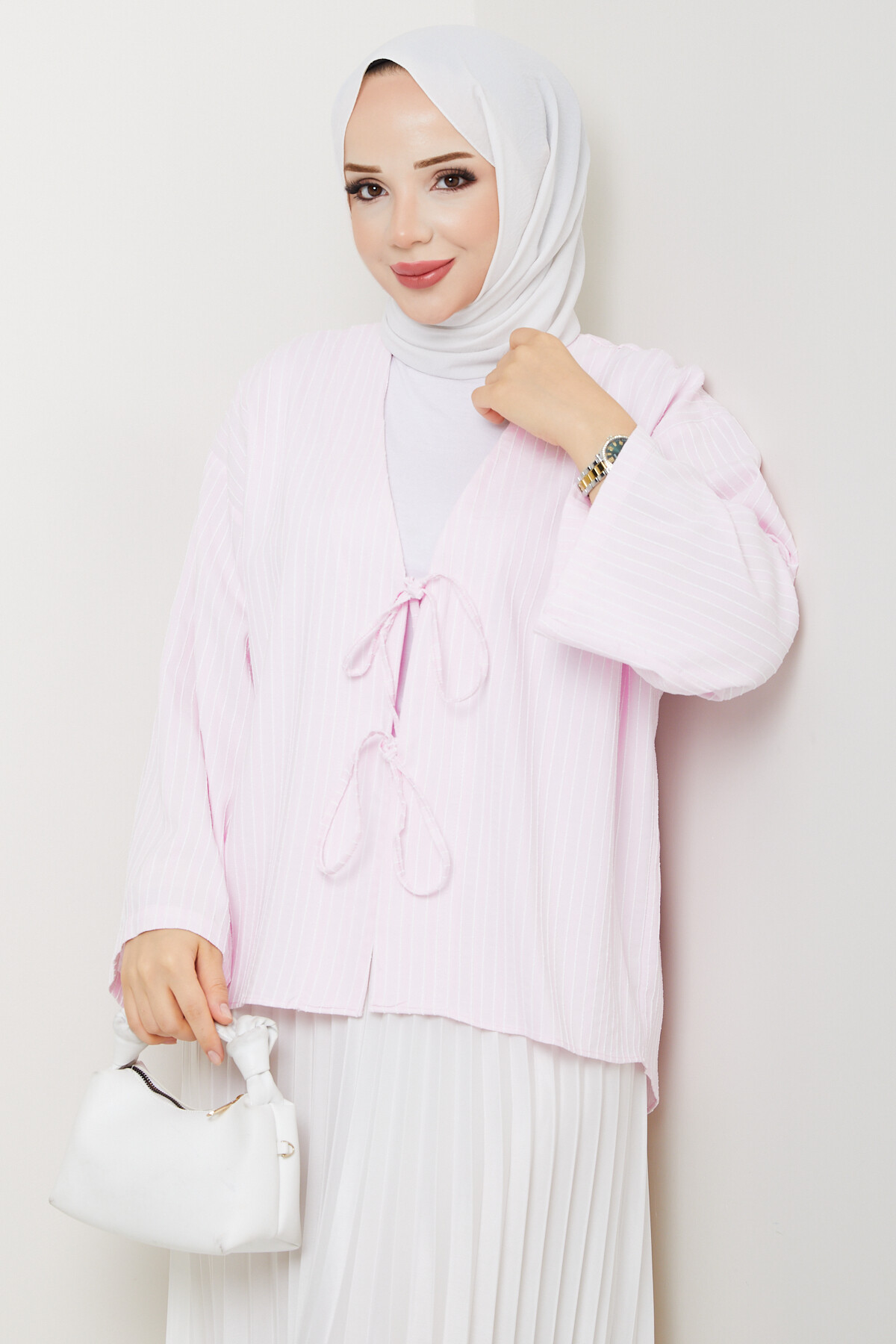 WEN ÇİZGİLİ KİMONO - PEMBE