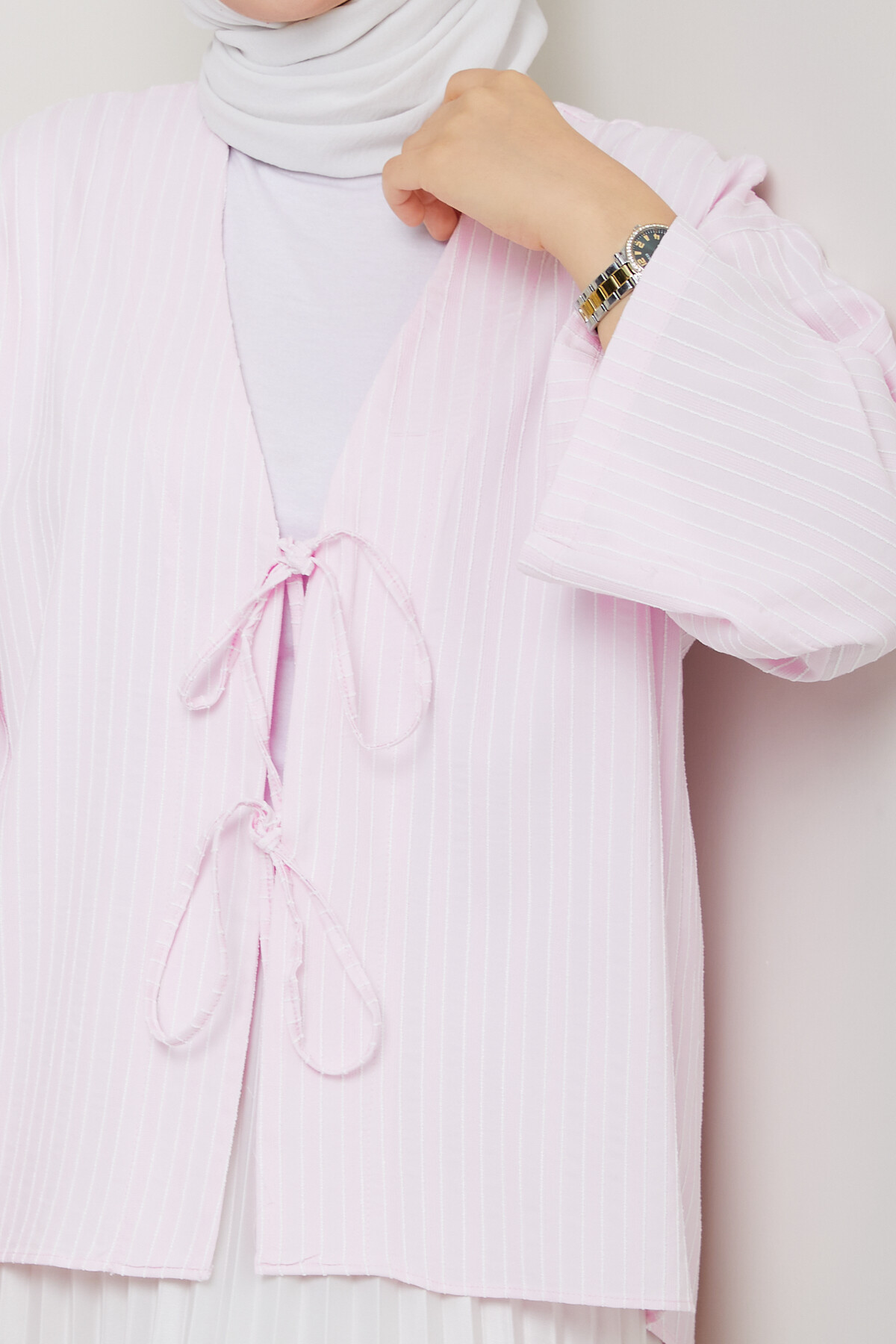 WEN ÇİZGİLİ KİMONO - PEMBE