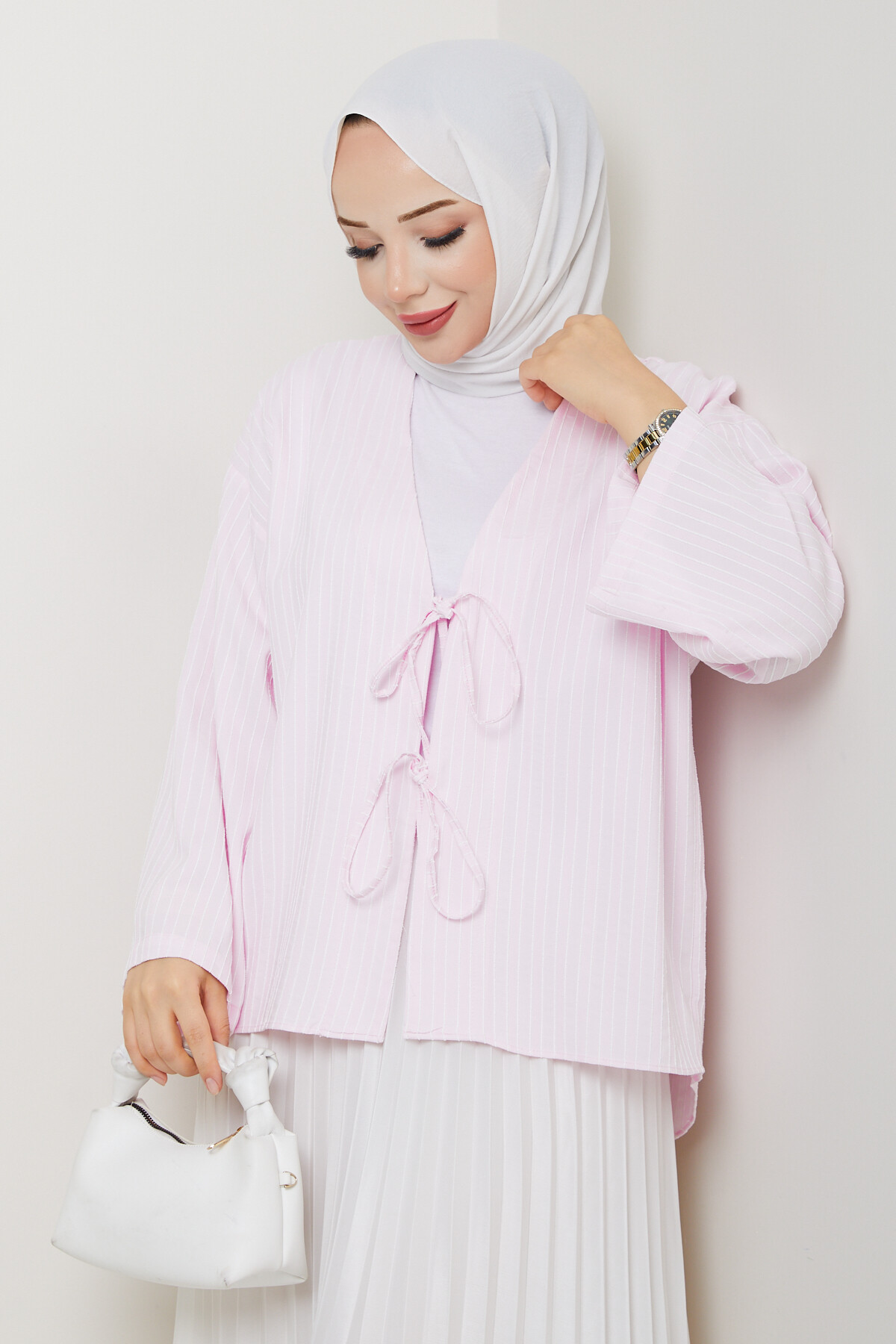 WEN ÇİZGİLİ KİMONO - PEMBE