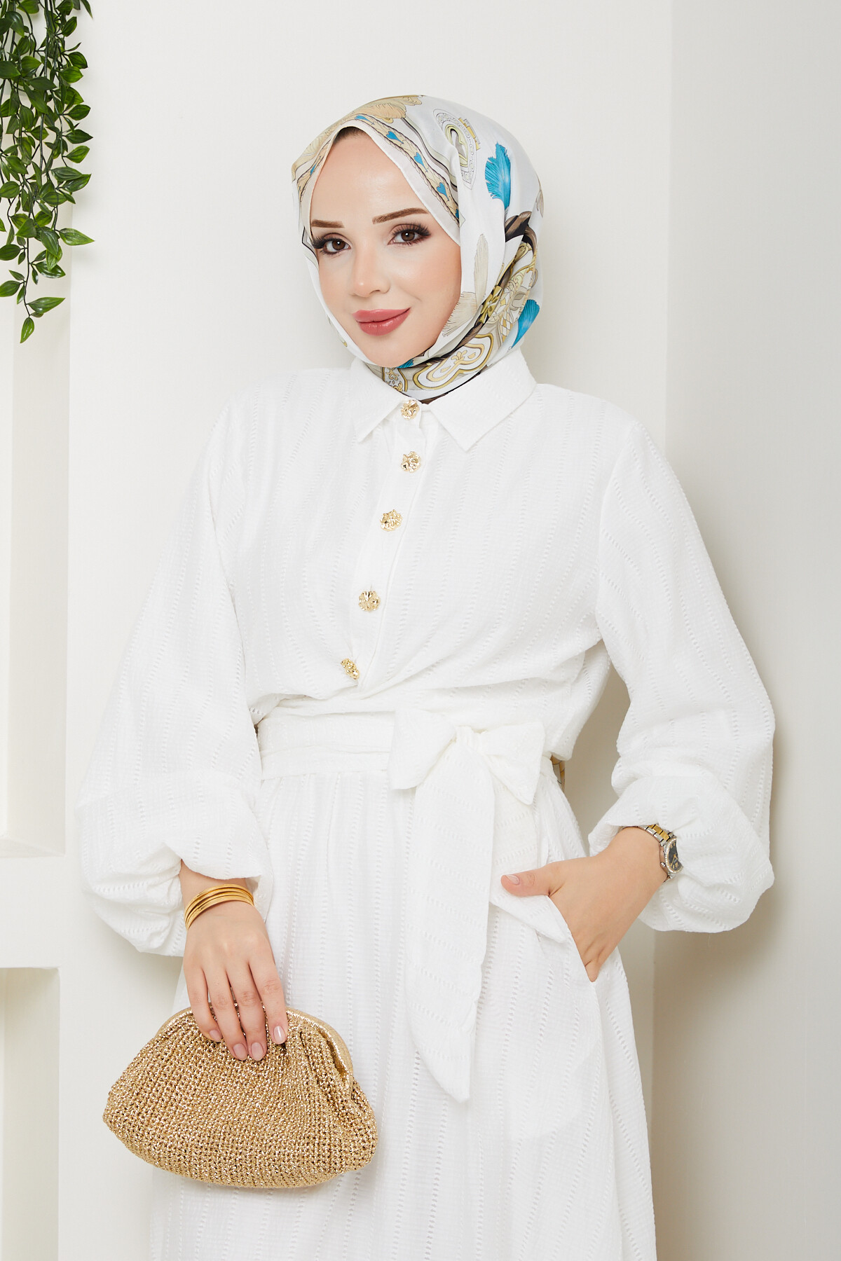 WEN GOLD DÜĞMELİ BEL BAĞLAMALI TAKIM-BEYAZ