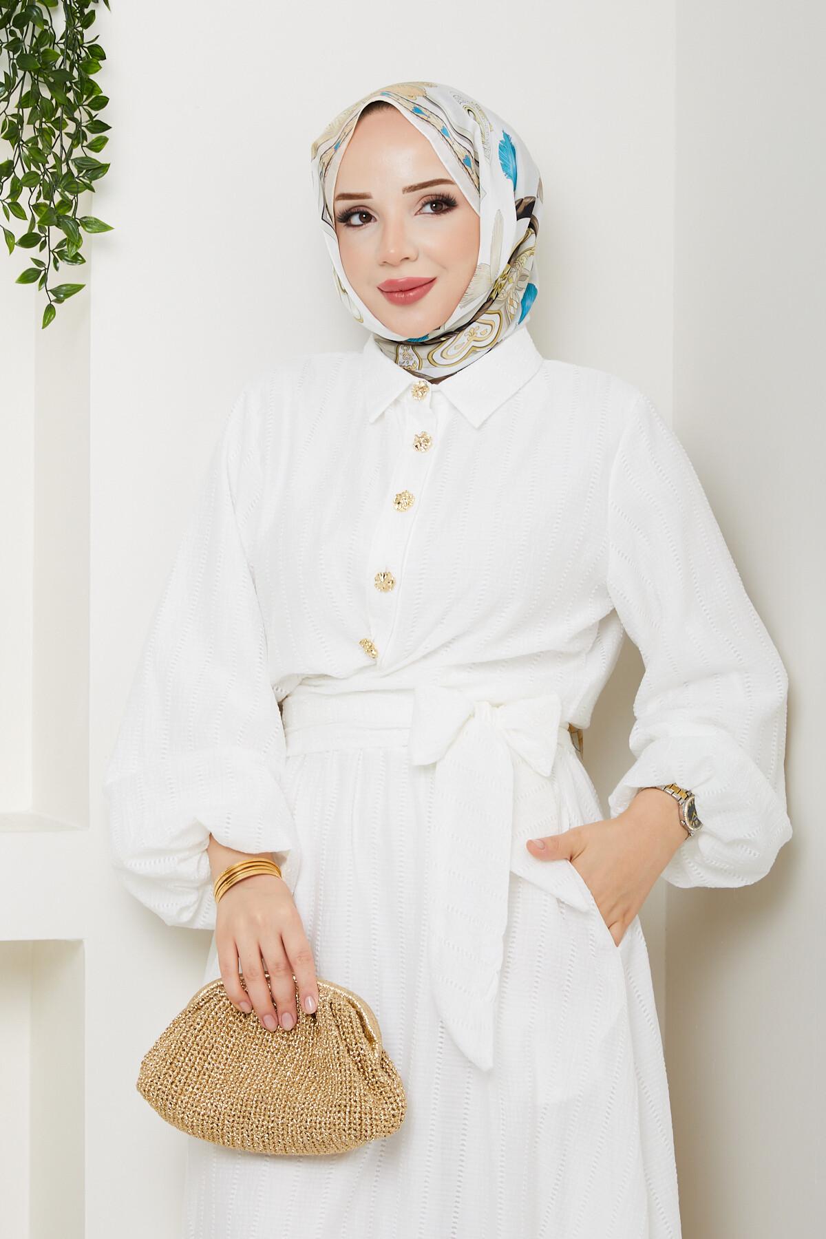 WEN GOLD DÜĞMELİ BEL BAĞLAMALI TAKIM-BEYAZ