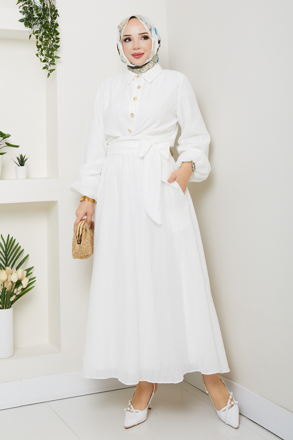 WEN GOLD DÜĞMELİ BEL BAĞLAMALI TAKIM-BEYAZ