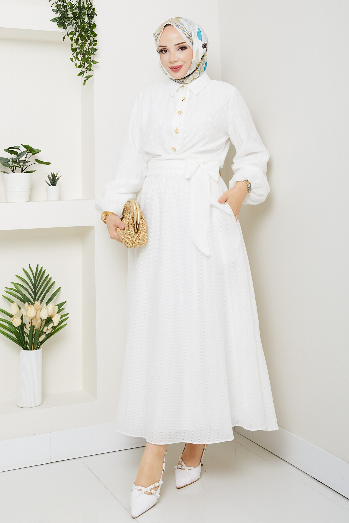 WEN GOLD DÜĞMELİ BEL BAĞLAMALI TAKIM-BEYAZ