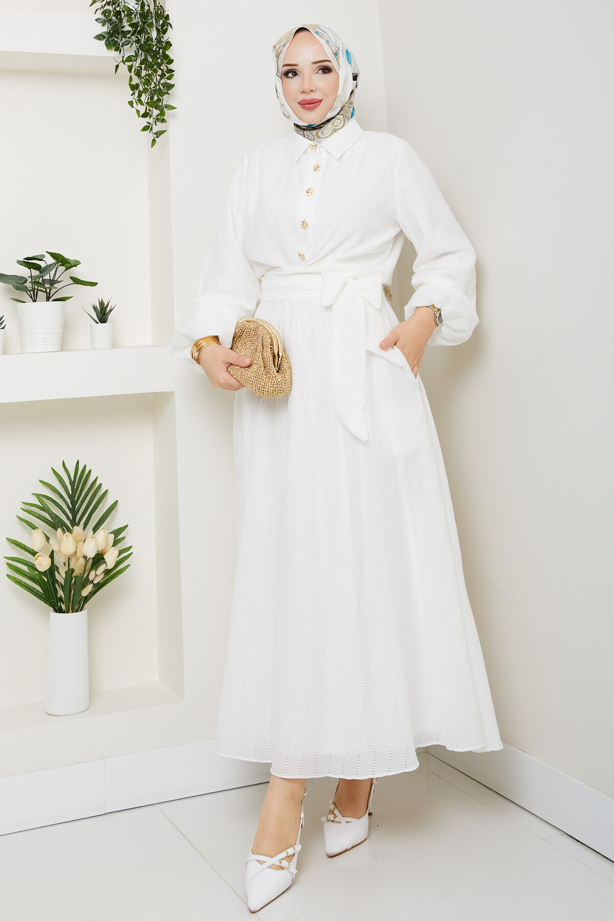 WEN GOLD DÜĞMELİ BEL BAĞLAMALI TAKIM-BEYAZ