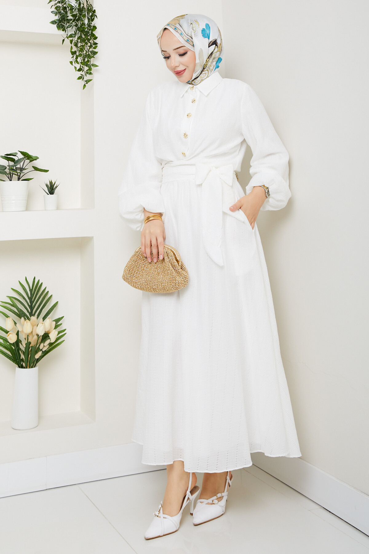 WEN GOLD DÜĞMELİ BEL BAĞLAMALI TAKIM-BEYAZ