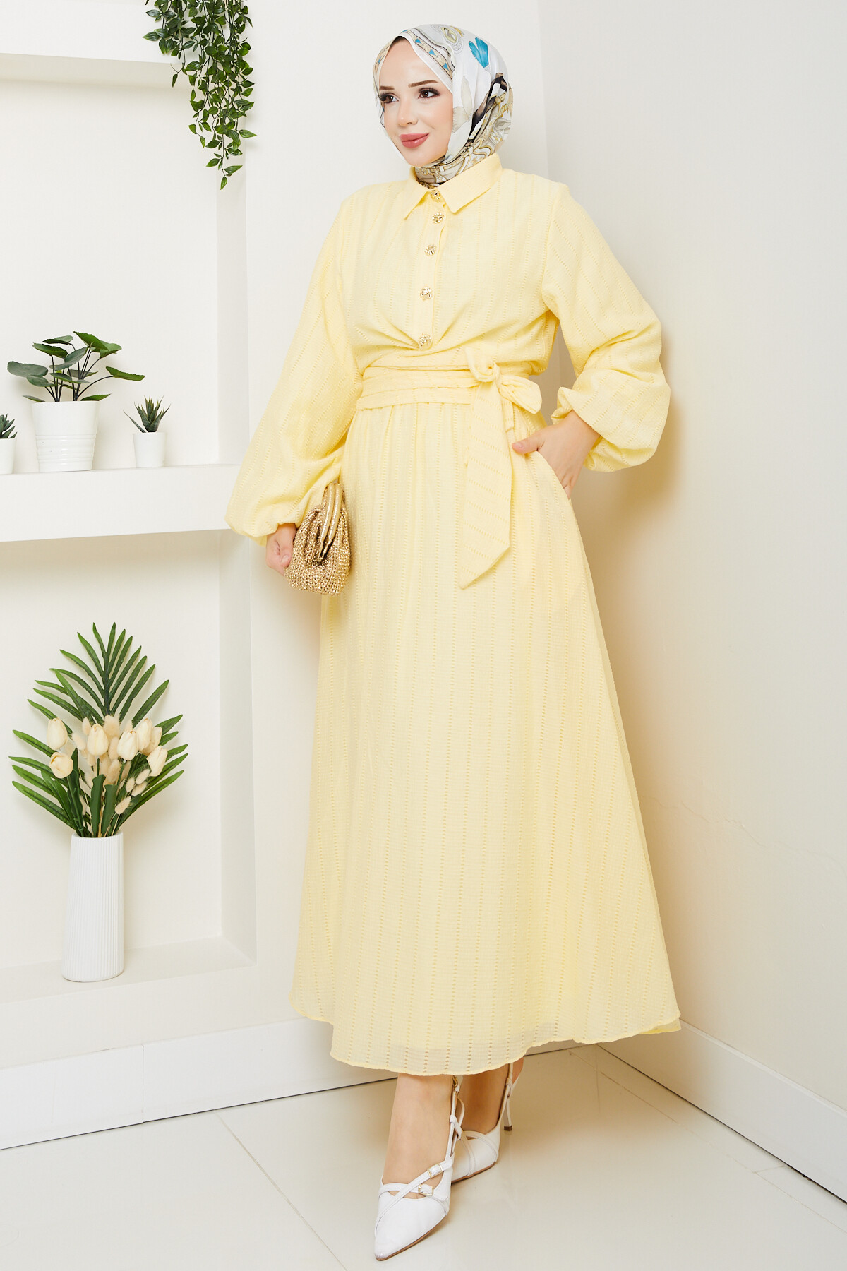 WEN GOLD DÜĞMELİ BEL BAĞLAMALI TAKIM-SARI