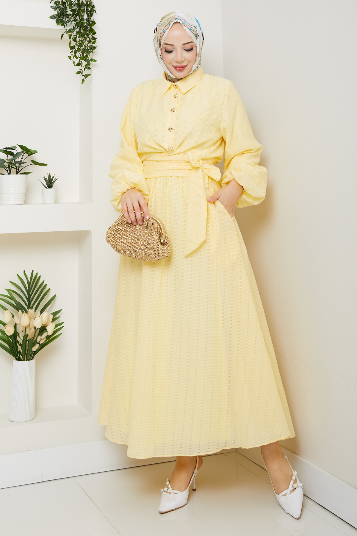 WEN GOLD DÜĞMELİ BEL BAĞLAMALI TAKIM-SARI