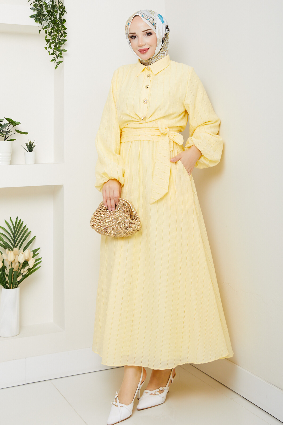 WEN GOLD DÜĞMELİ BEL BAĞLAMALI TAKIM-SARI