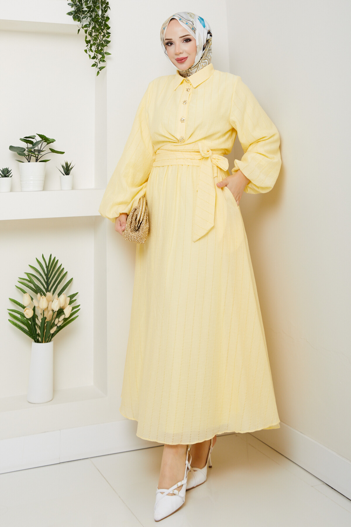 WEN GOLD DÜĞMELİ BEL BAĞLAMALI TAKIM-SARI