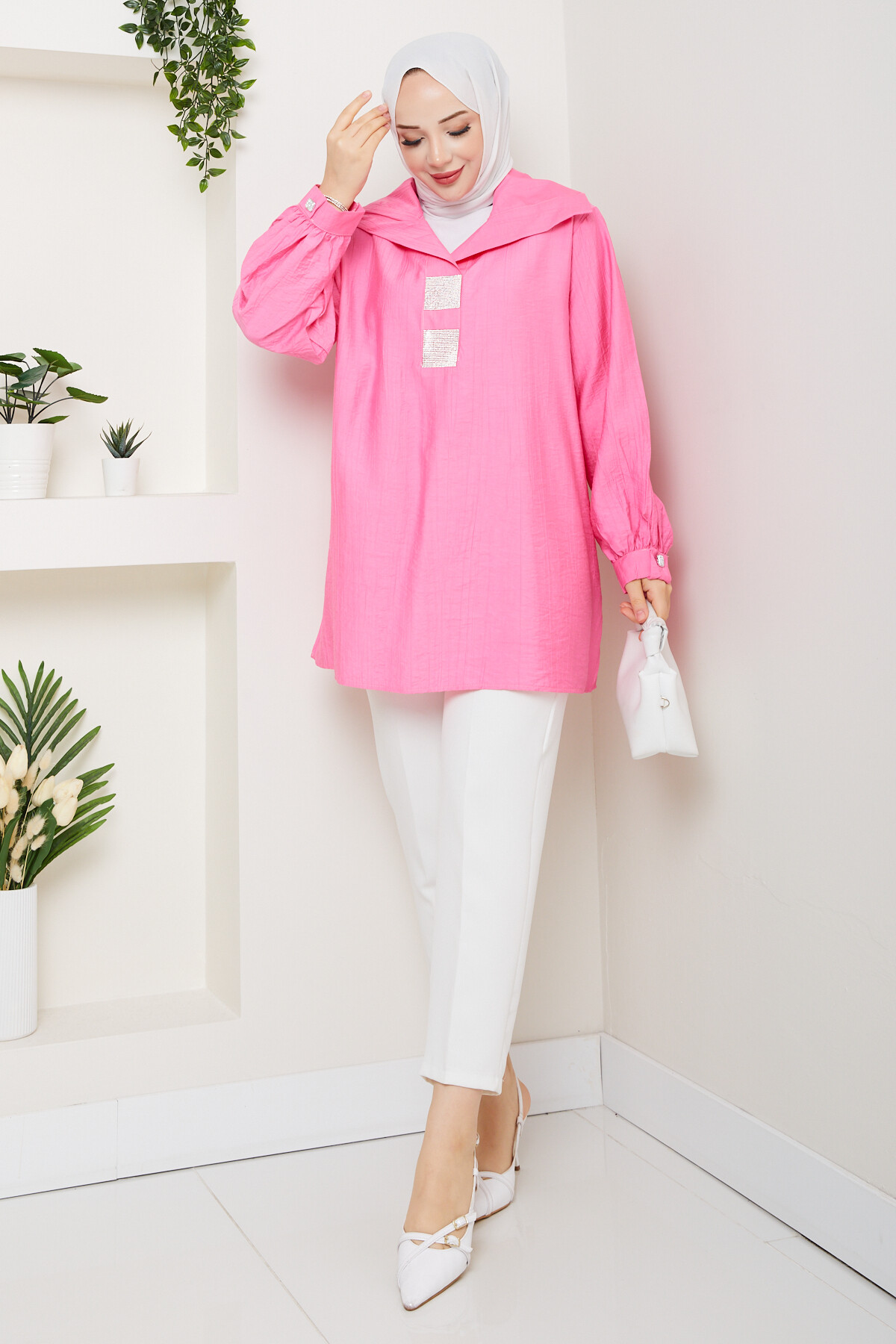 Yaka Pul Detay Gömlek Pembe