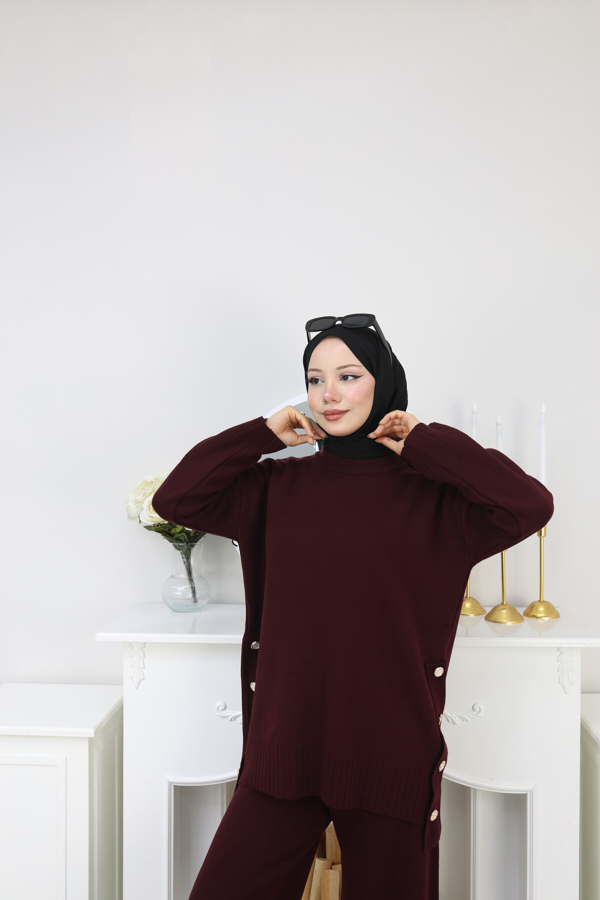 YANLARI DÜĞME DETAY TRİKO TAKIM -BORDO