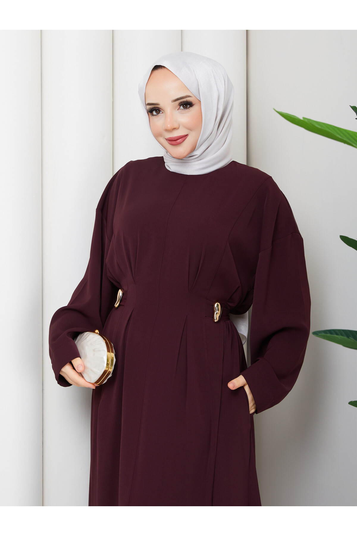 YANLARI GOLD DETAY ELBİSE - BORDO