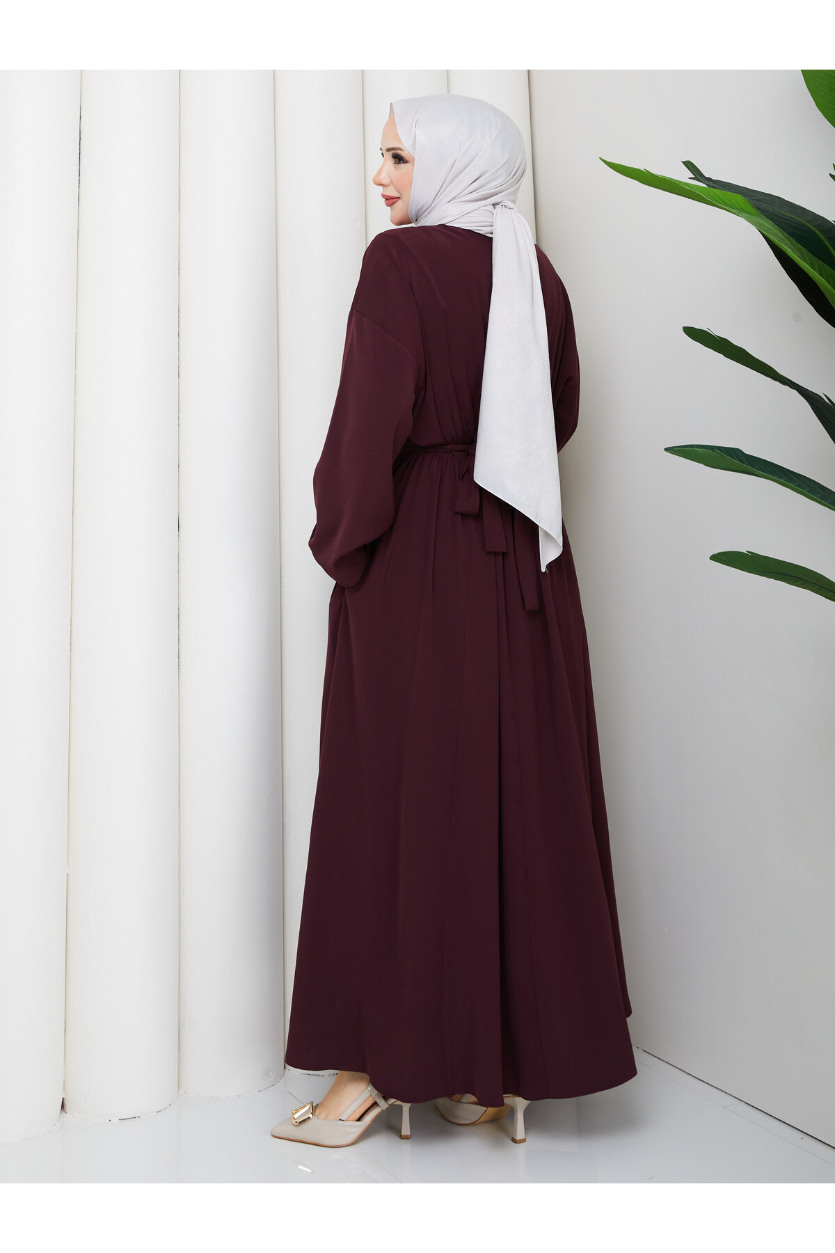 YANLARI GOLD DETAY ELBİSE - BORDO