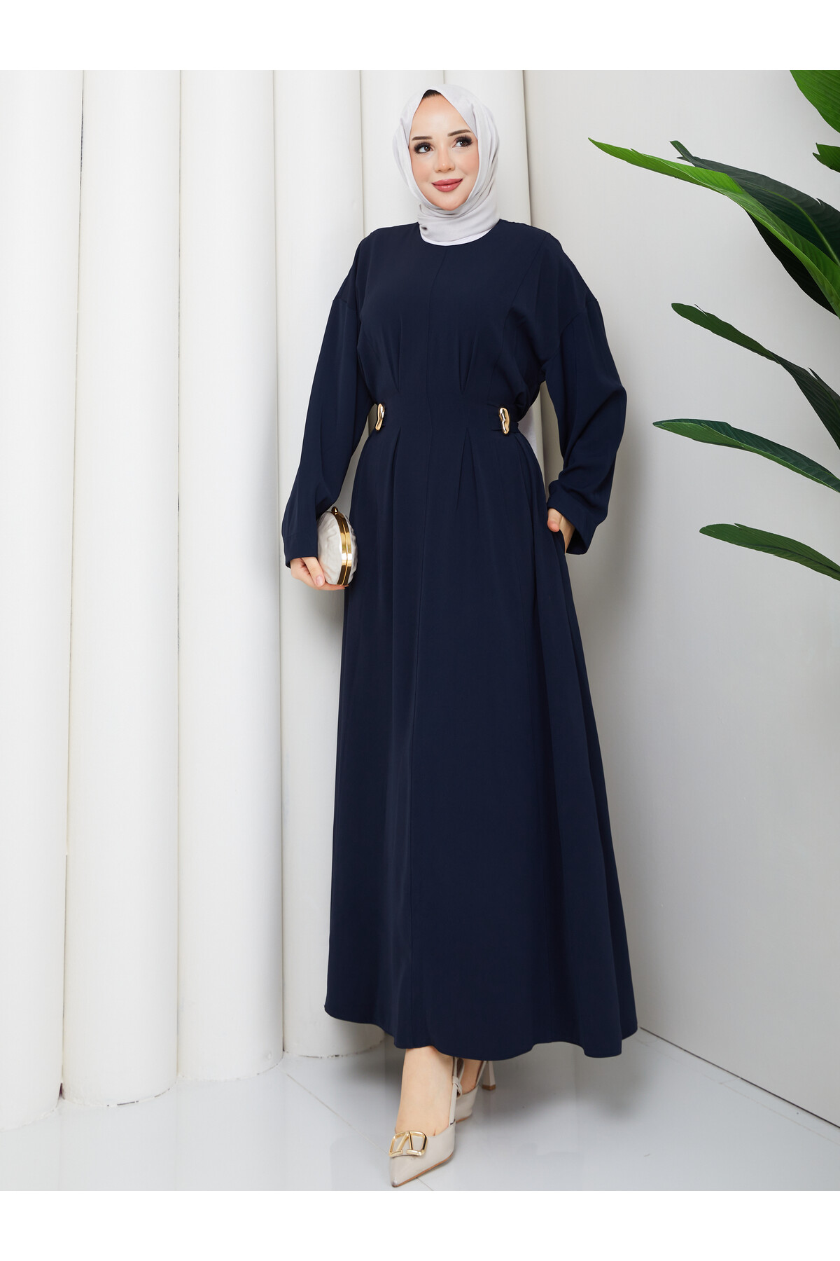 YANLARI GOLD DETAY ELBİSE - LACİVERT