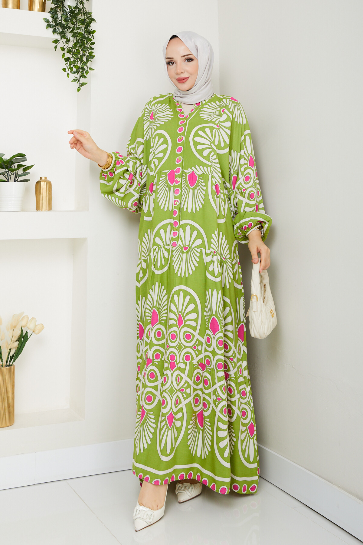 YARI DÜĞMELİ EBRU DESENLİ ELBİSE-YEŞİL