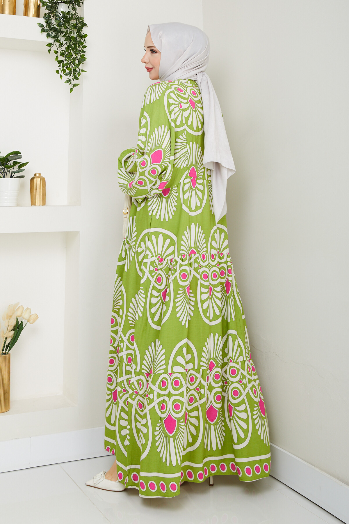 YARI DÜĞMELİ EBRU DESENLİ ELBİSE-YEŞİL