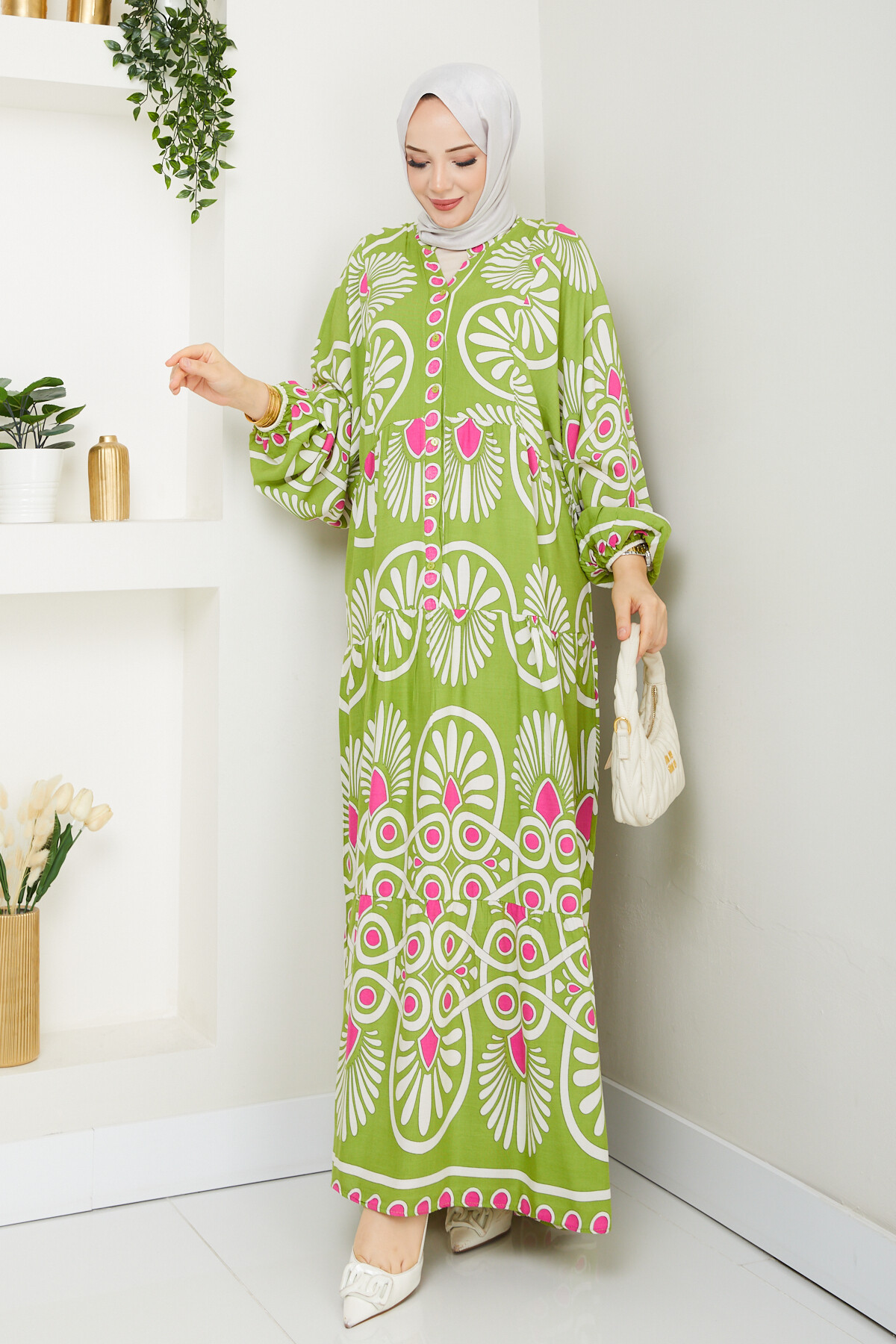 YARI DÜĞMELİ EBRU DESENLİ ELBİSE-YEŞİL