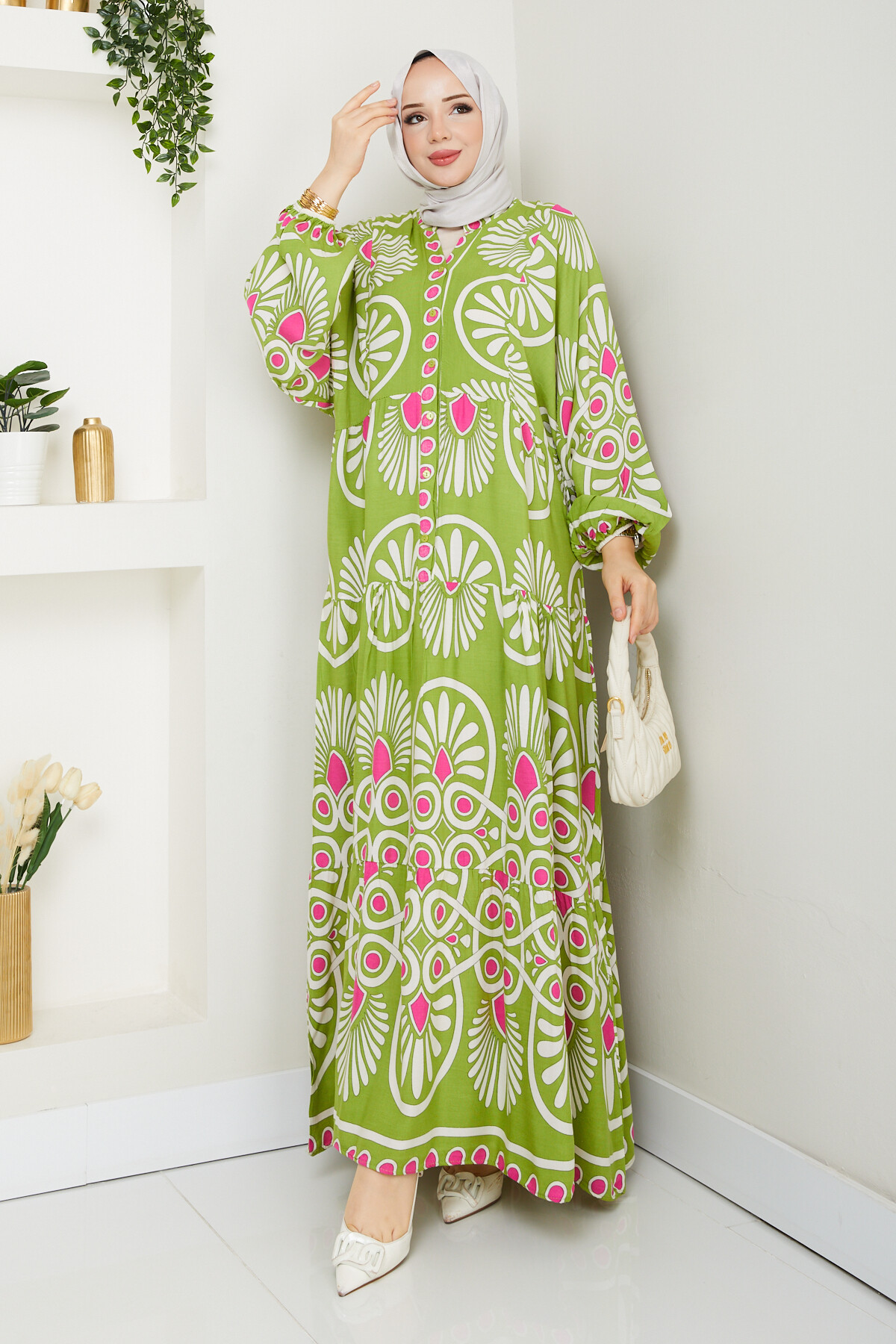 YARI DÜĞMELİ EBRU DESENLİ ELBİSE-YEŞİL