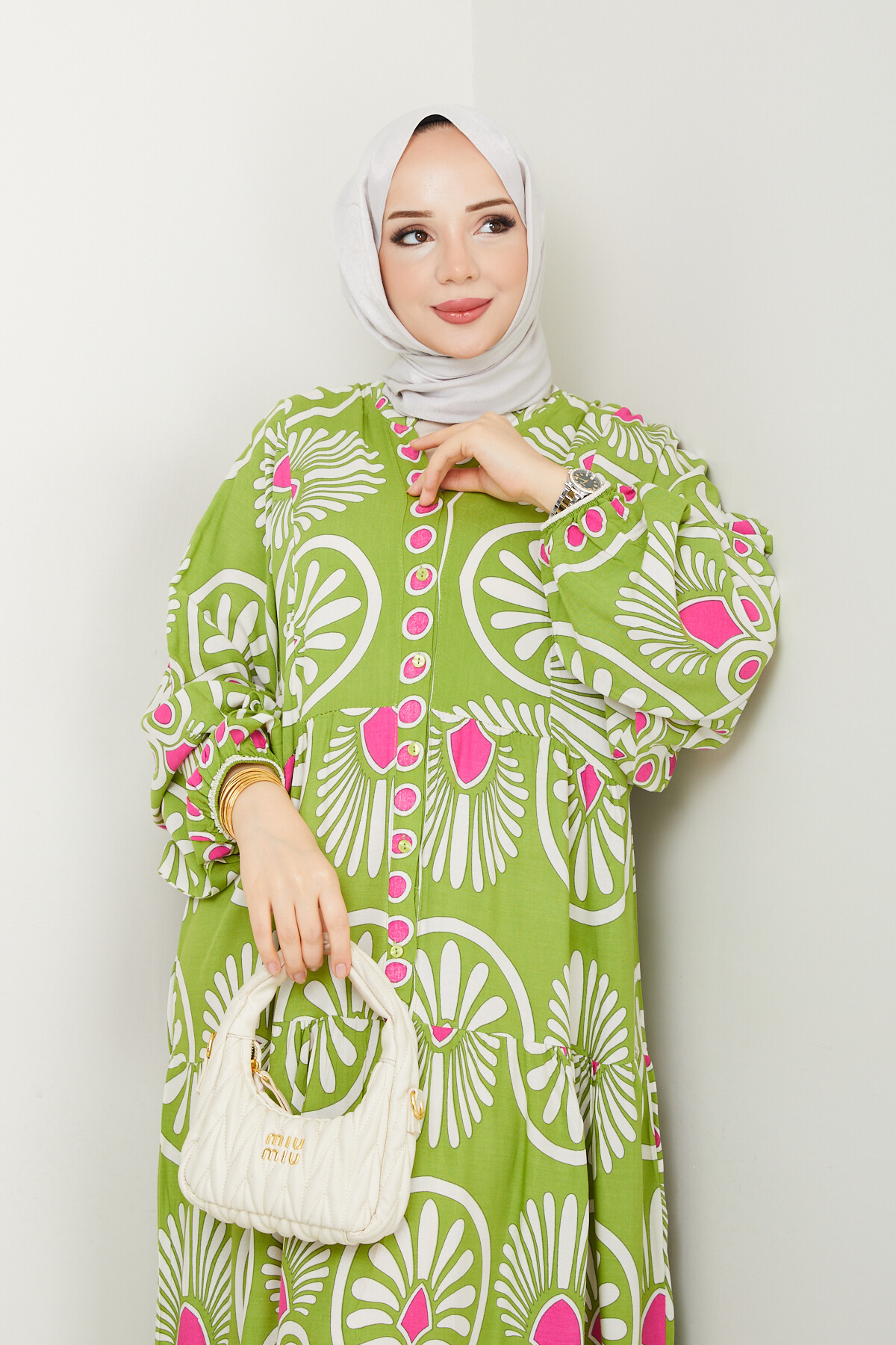 YARI DÜĞMELİ EBRU DESENLİ ELBİSE-YEŞİL