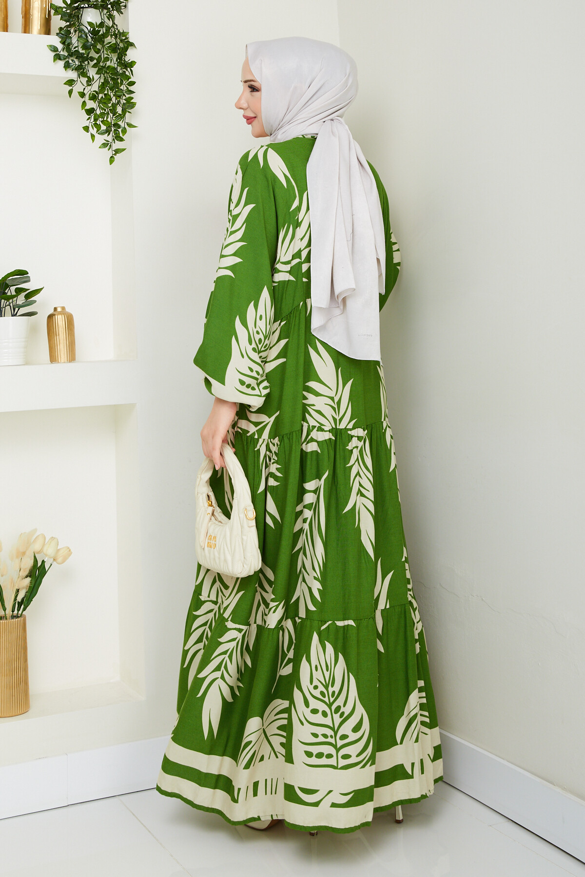 YARI  DÜĞMELİ YAPRAK DESEN ELBİSE-YEŞİL