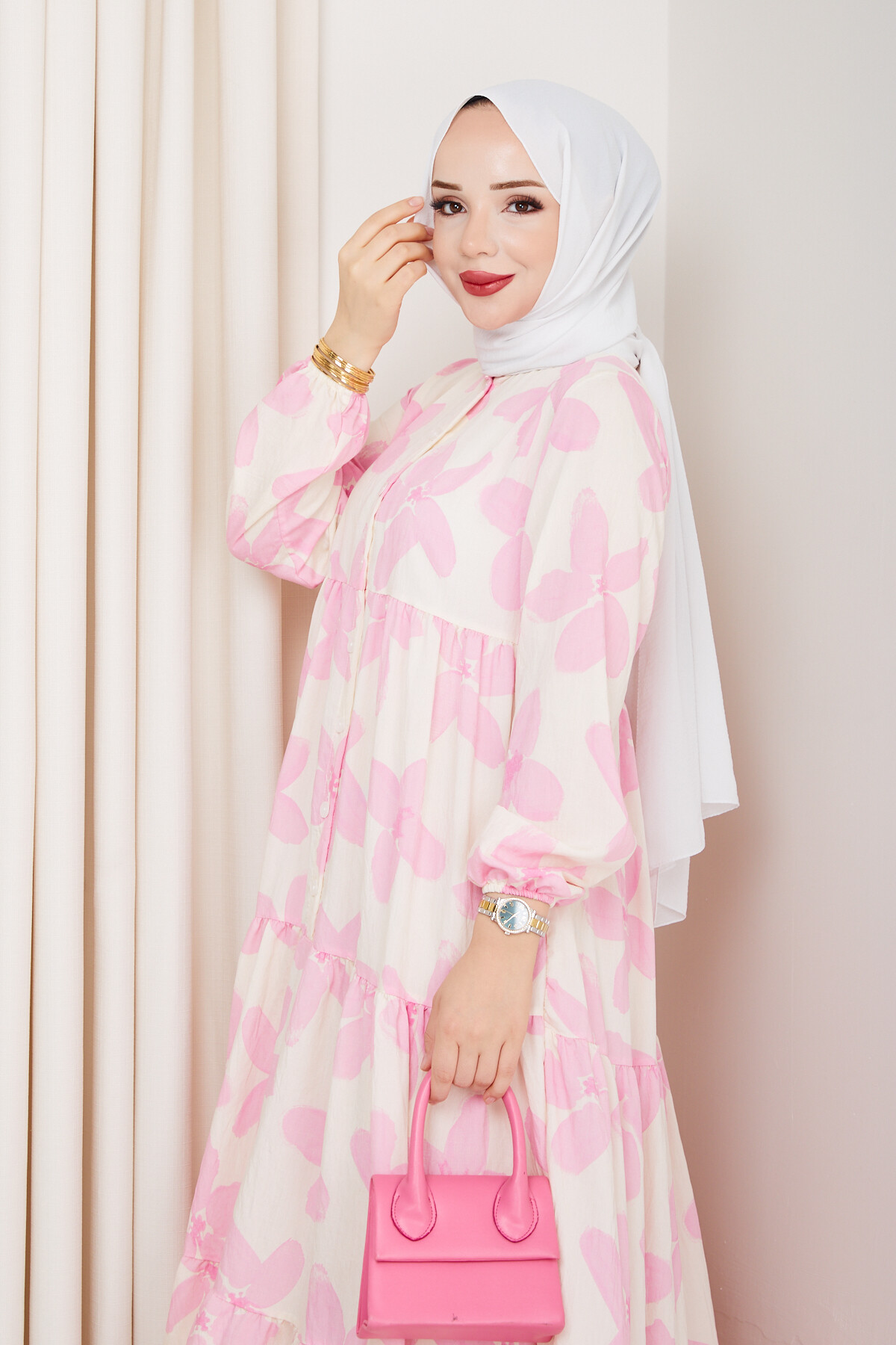 ZU YARIM DÜĞMELİ ÇİÇEK DESEN ELBİSE-PEMBE