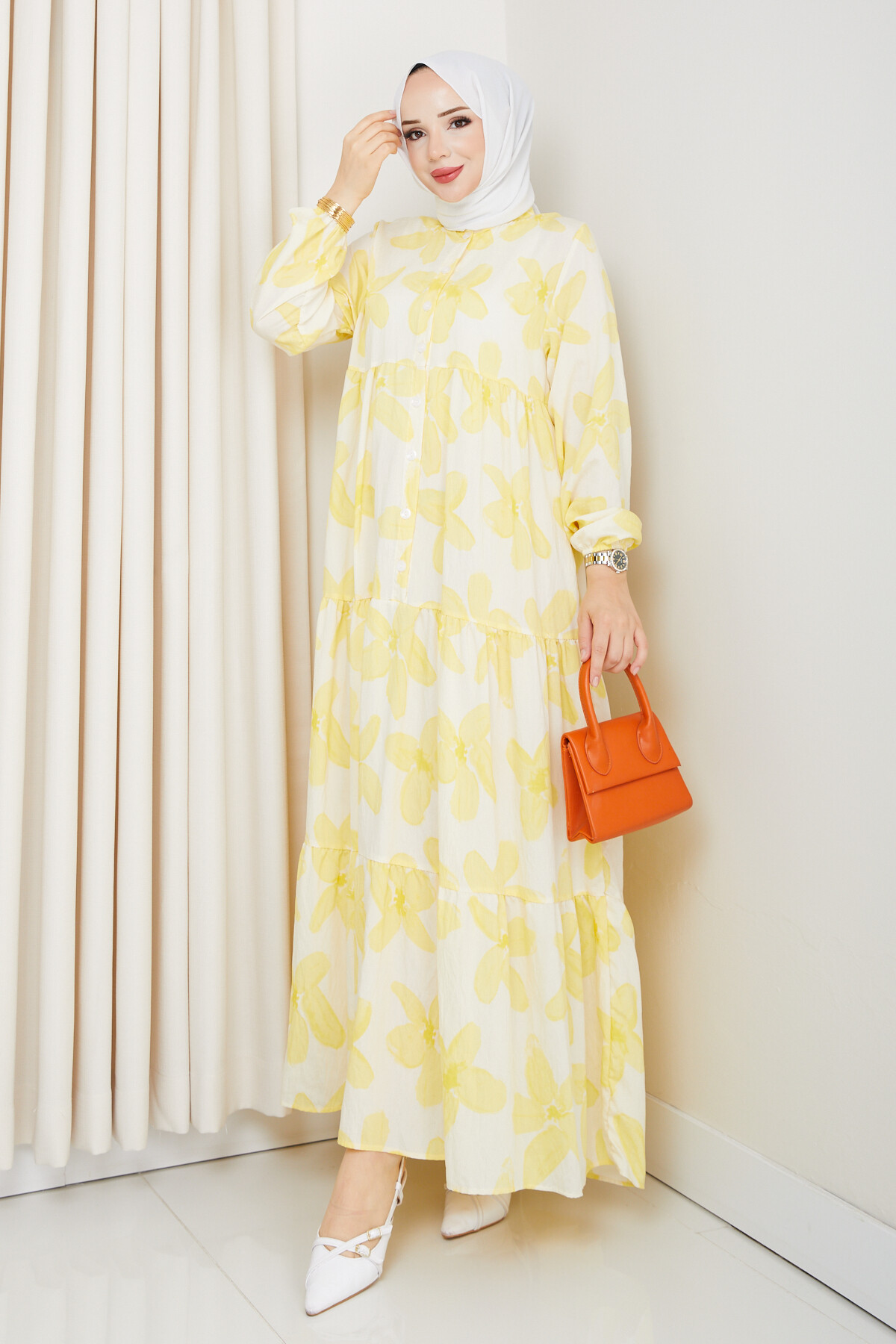 ZU YARIM DÜĞMELİ ÇİÇEK DESEN ELBİSE-SARI