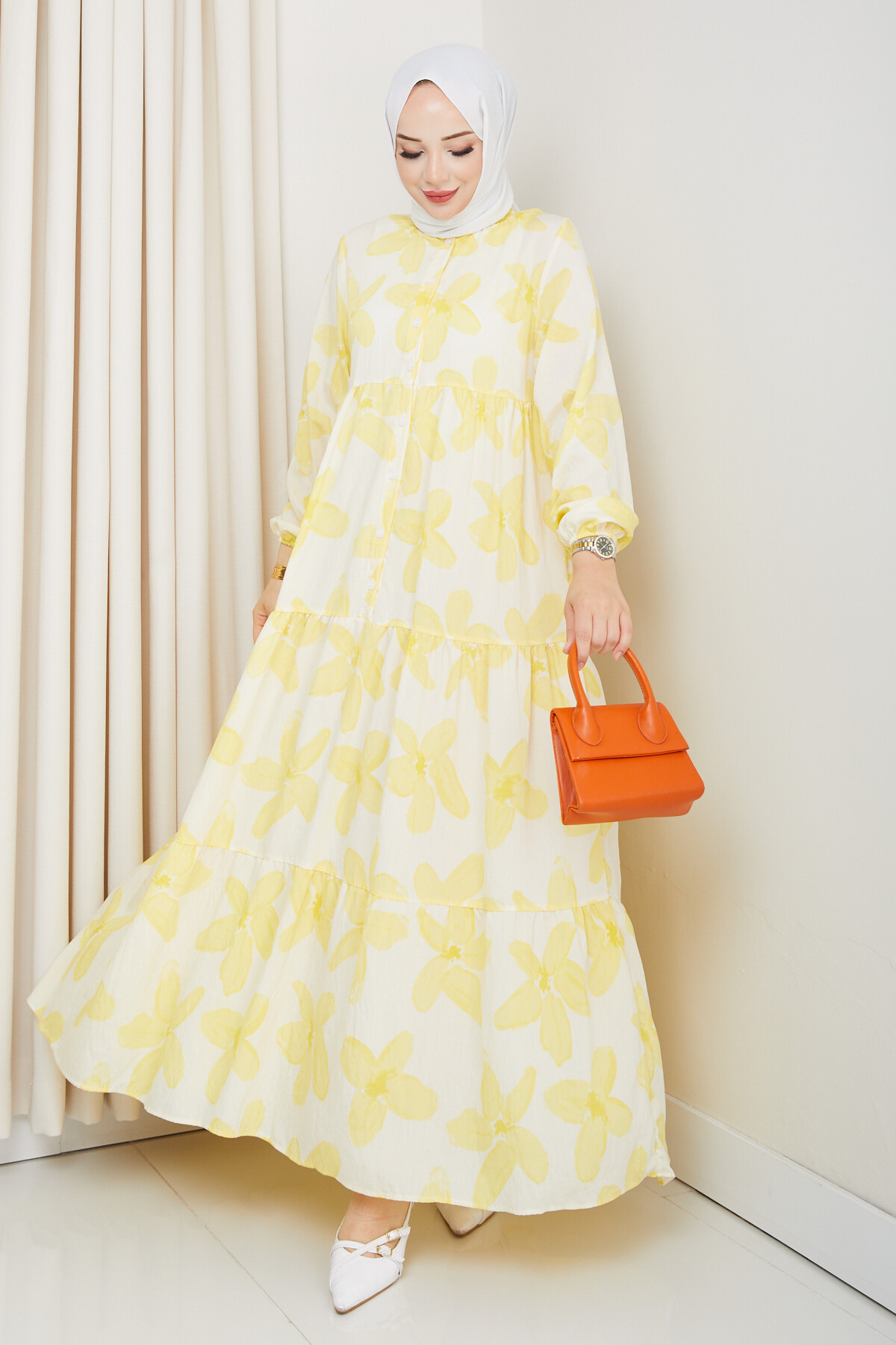 ZU YARIM DÜĞMELİ ÇİÇEK DESEN ELBİSE-SARI