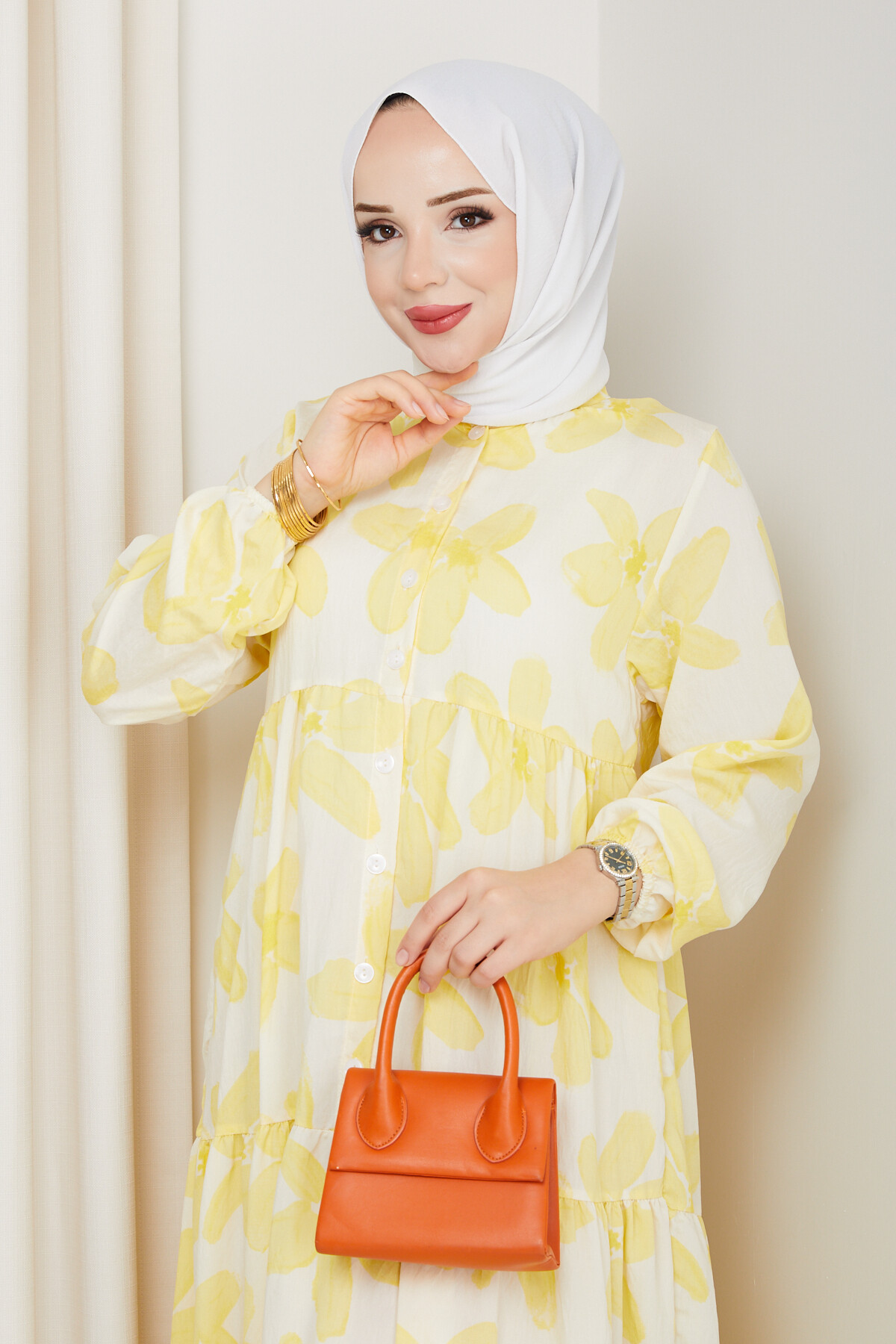 ZU YARIM DÜĞMELİ ÇİÇEK DESEN ELBİSE-SARI