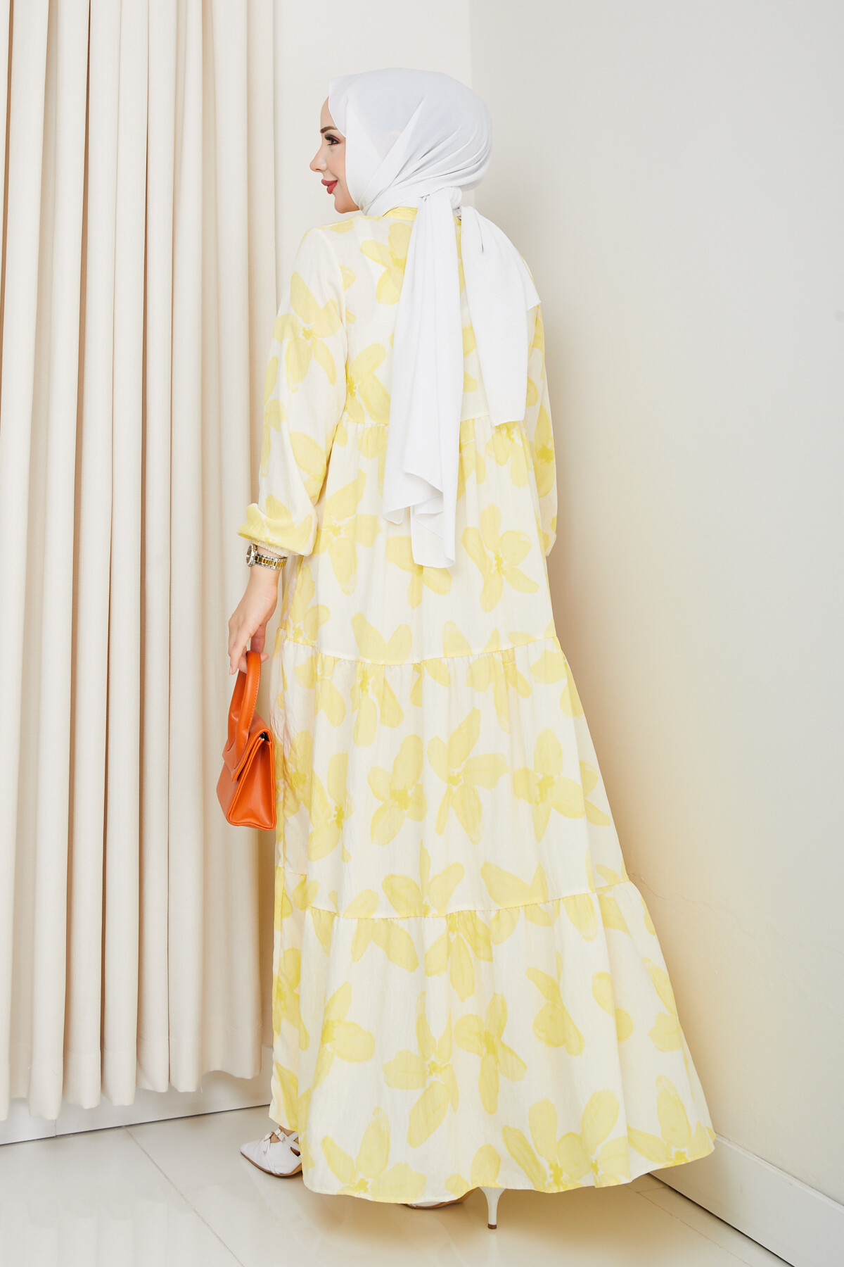 ZU YARIM DÜĞMELİ ÇİÇEK DESEN ELBİSE-SARI