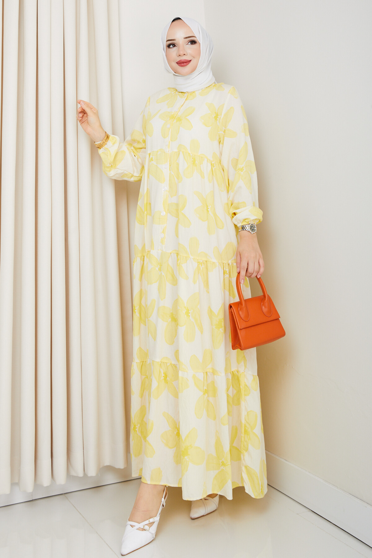 ZU YARIM DÜĞMELİ ÇİÇEK DESEN ELBİSE-SARI